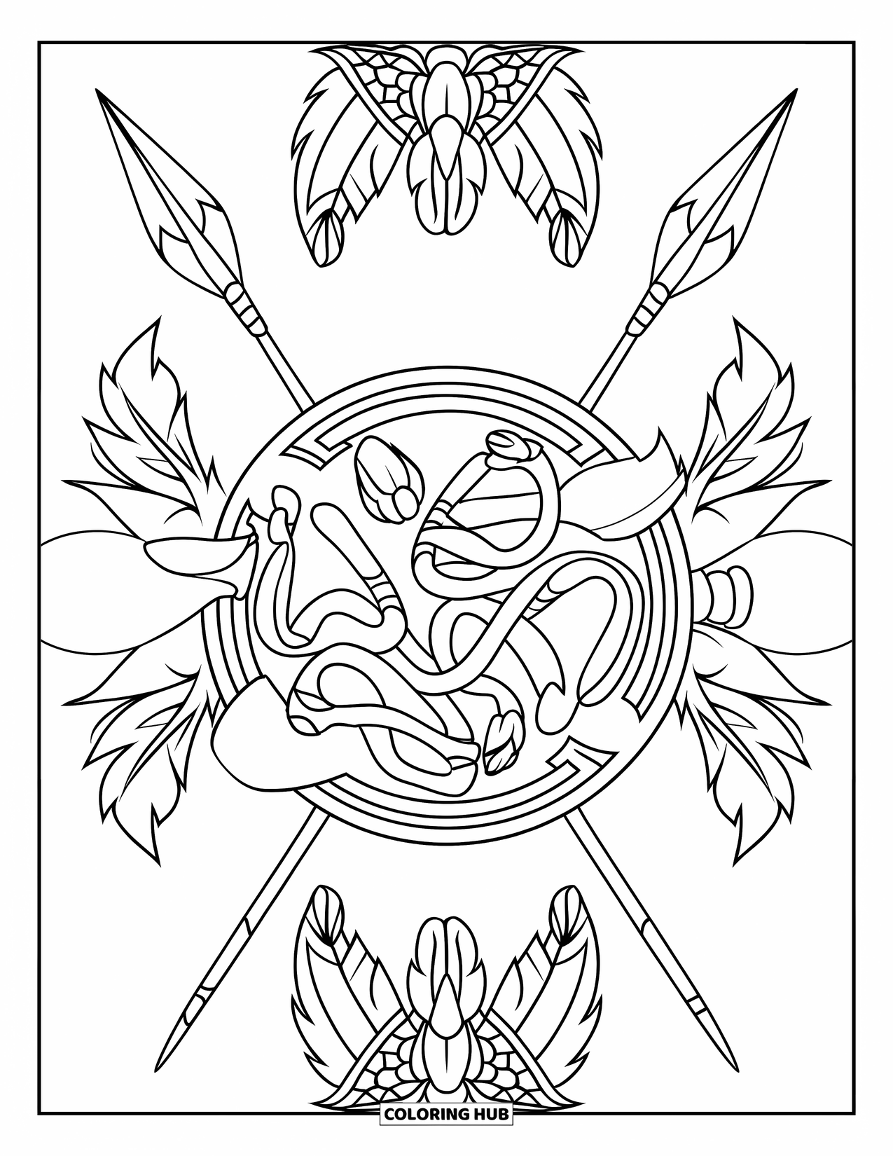 Africa Coloring Page for Kids: A shield with bold tribal patterns and crossed spears
