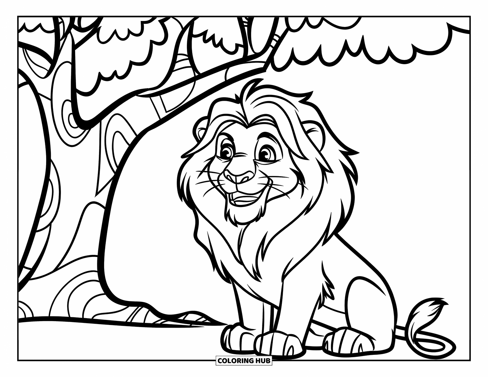Africa Coloring Page for Kids: A smiling lion relaxes under a tree wearing a playful tie