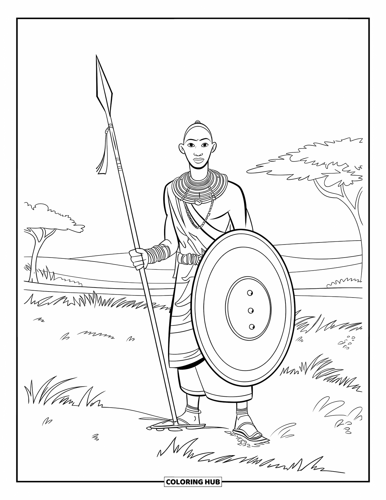 Africa Coloring Page for Kids: A strong warrior stands beneath wide skies and acacia trees