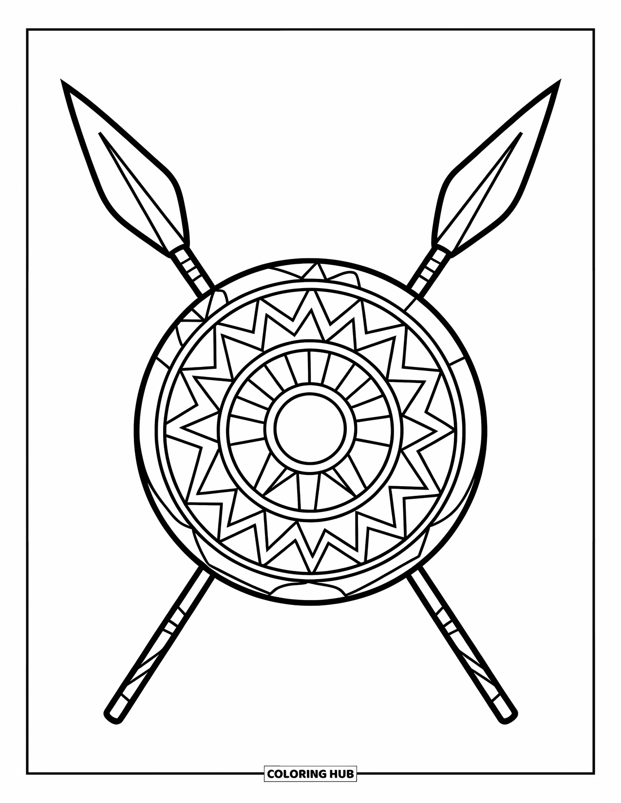 Africa Coloring Page for Kids: A tribal shield with two crossed spears on white background
