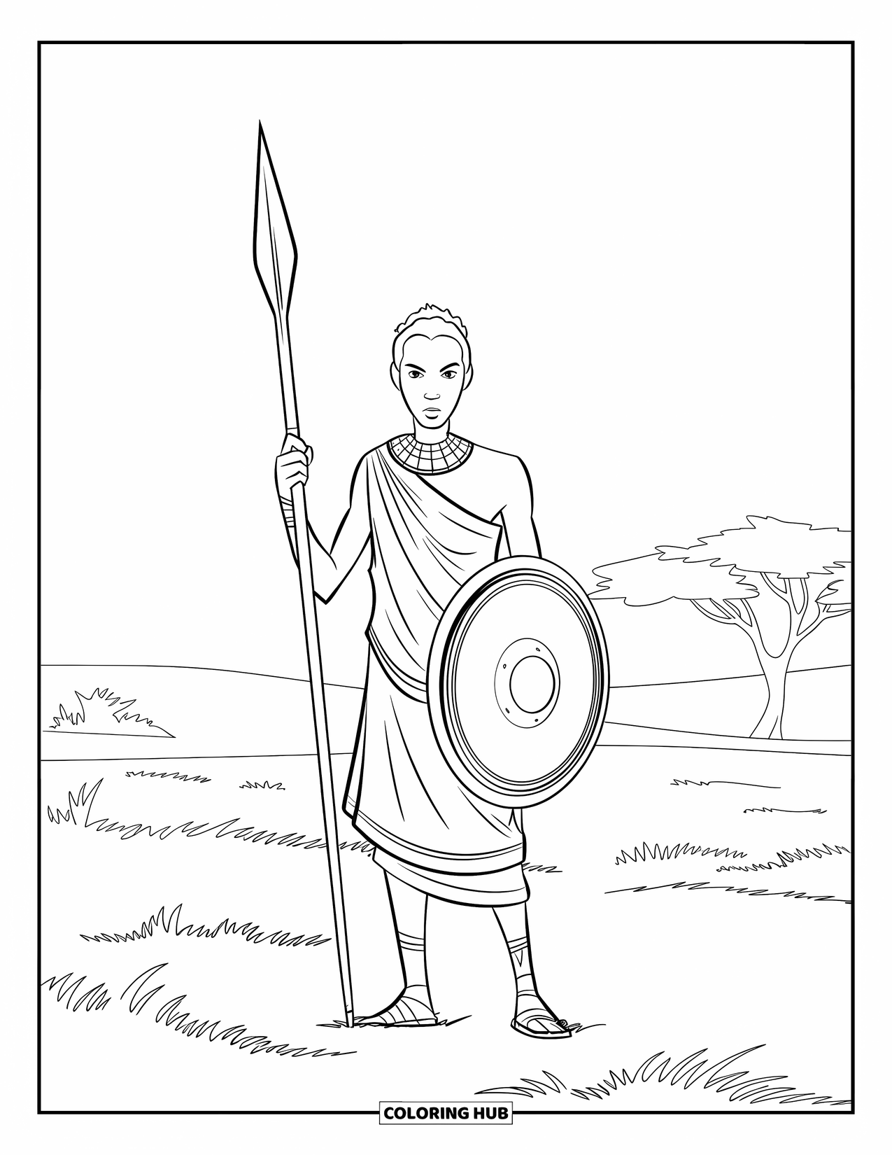 Africa Coloring Page for Kids: A warrior stands tall with spear and shield on open plains