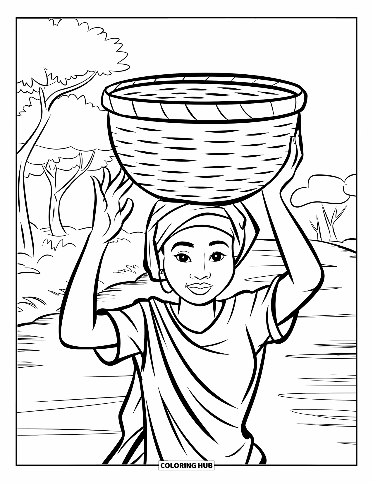 Africa Coloring Page for Kids: A woman walks with a basket on her head down a dusty road
