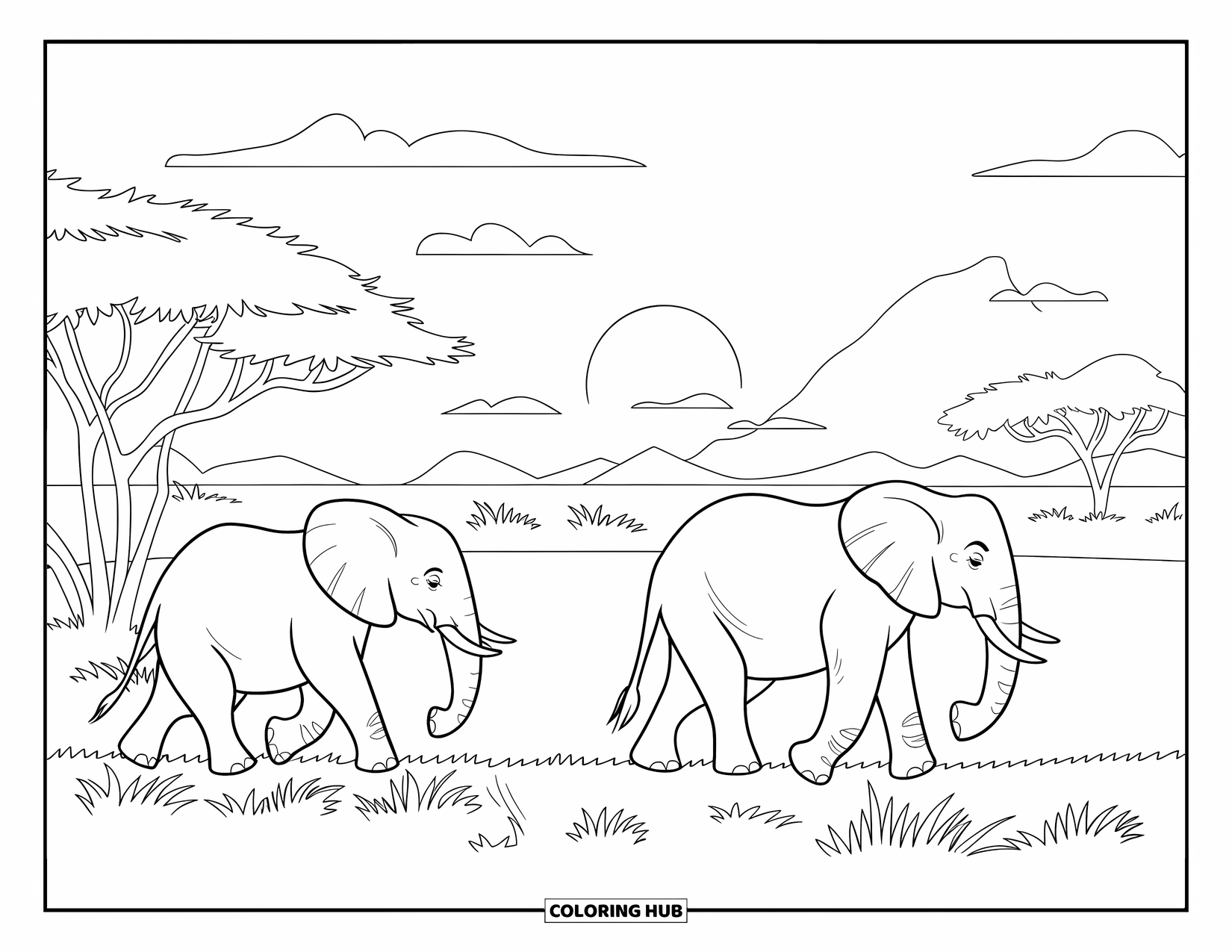 Africa Coloring Page for Kids: Elephants walk across grassy plains under a fading sunset