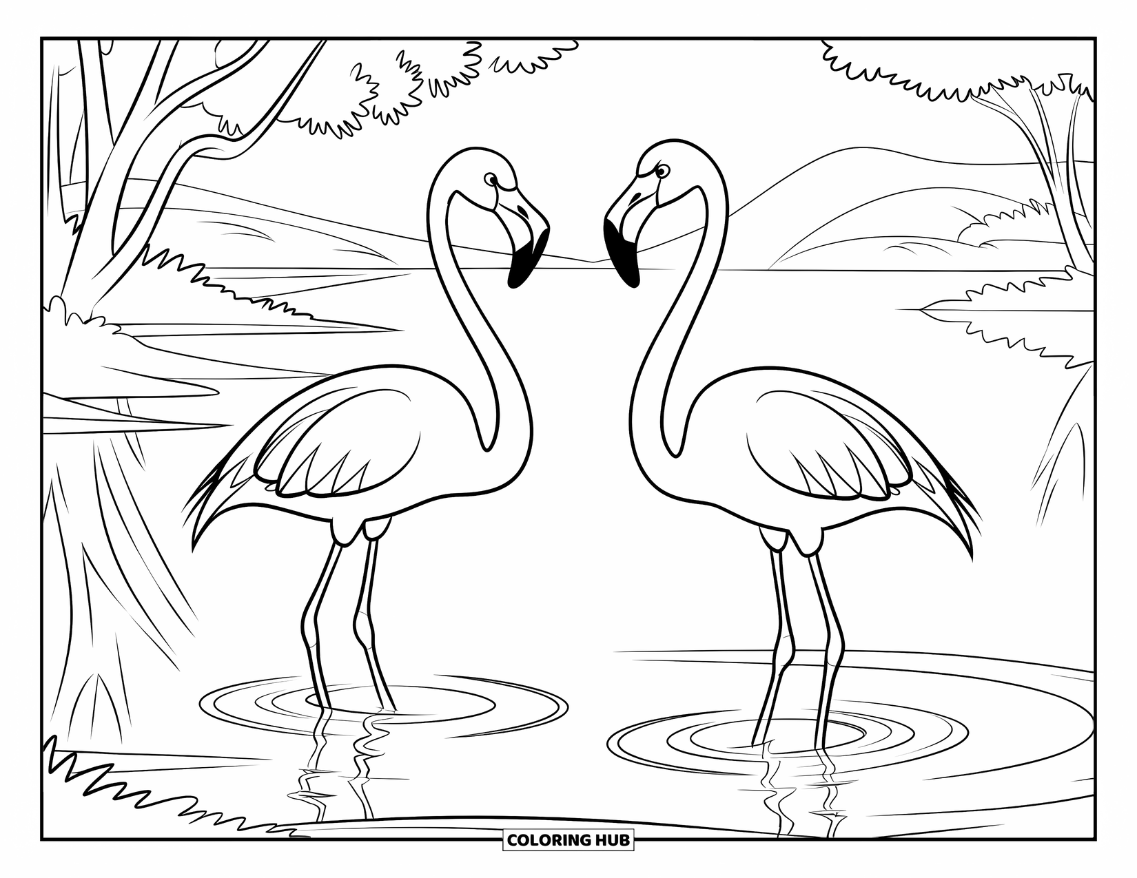 Africa Coloring Page for Kids: Flamingos stand in shallow water under a peaceful sky