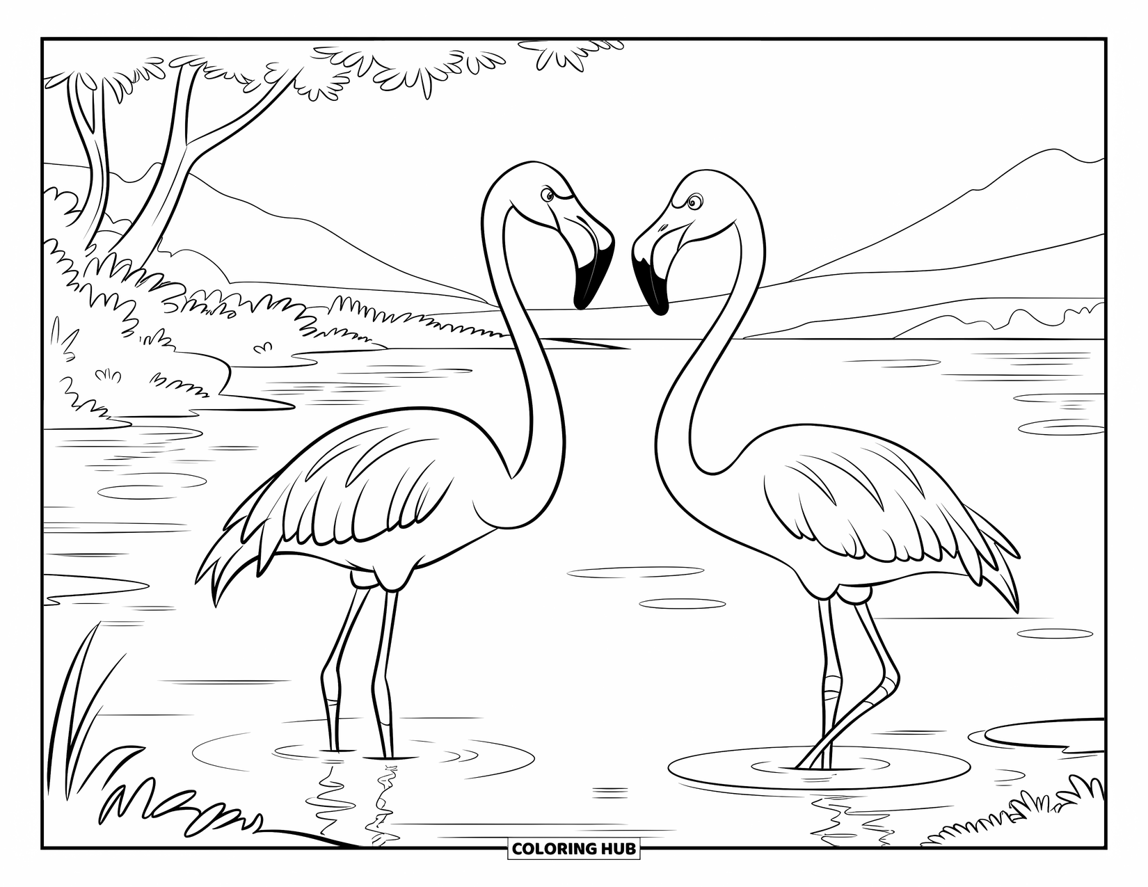 Africa Coloring Page for Kids: Two flamingos wade gracefully in a calm lake surrounded by greenery