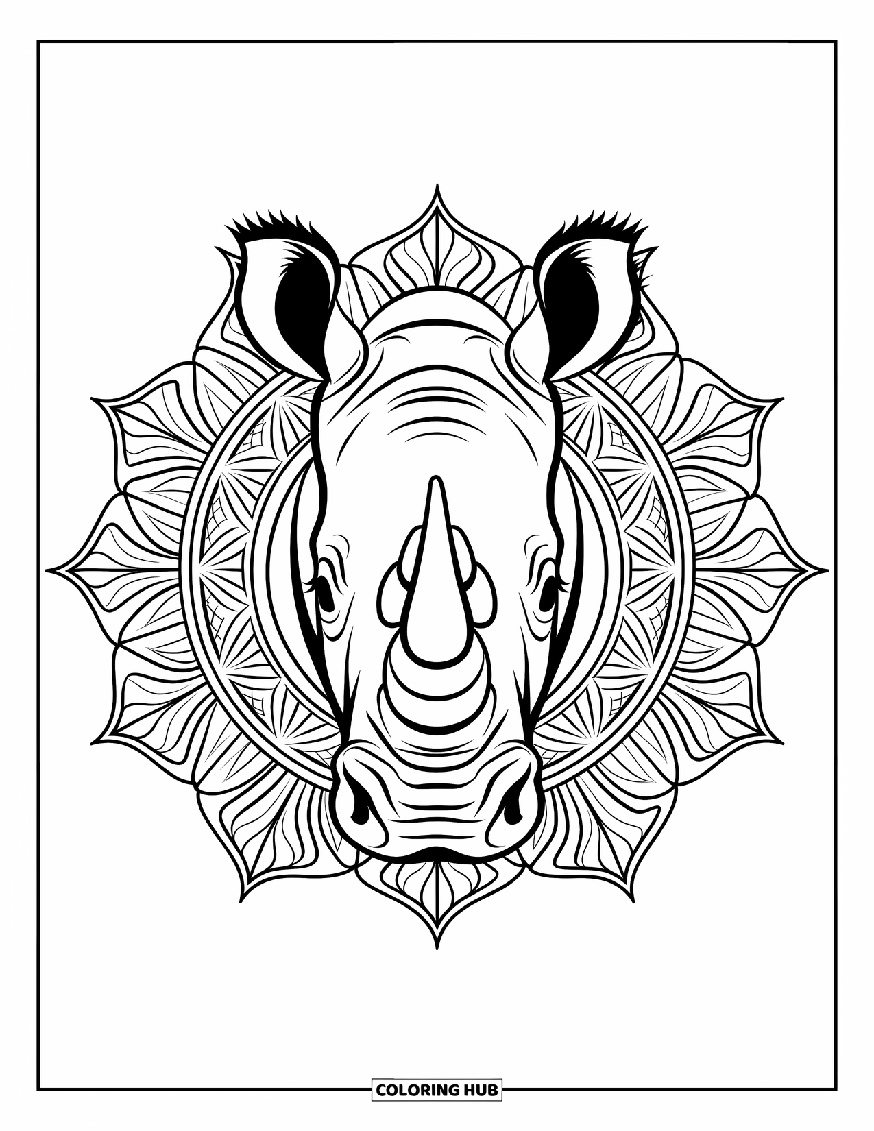 African Animals Coloring Page for Adults: A bold rhino face appears in a detailed mandala of tribal shapes and soft leaves