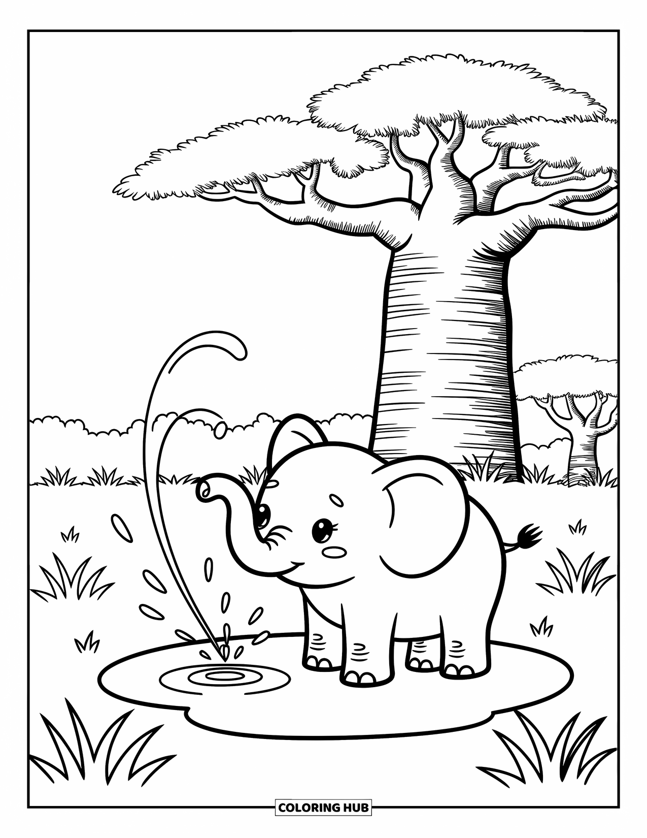 African Animals Coloring Page for Adults: A cheerful elephant stands beside a puddle with droplets dancing around its curled trunk