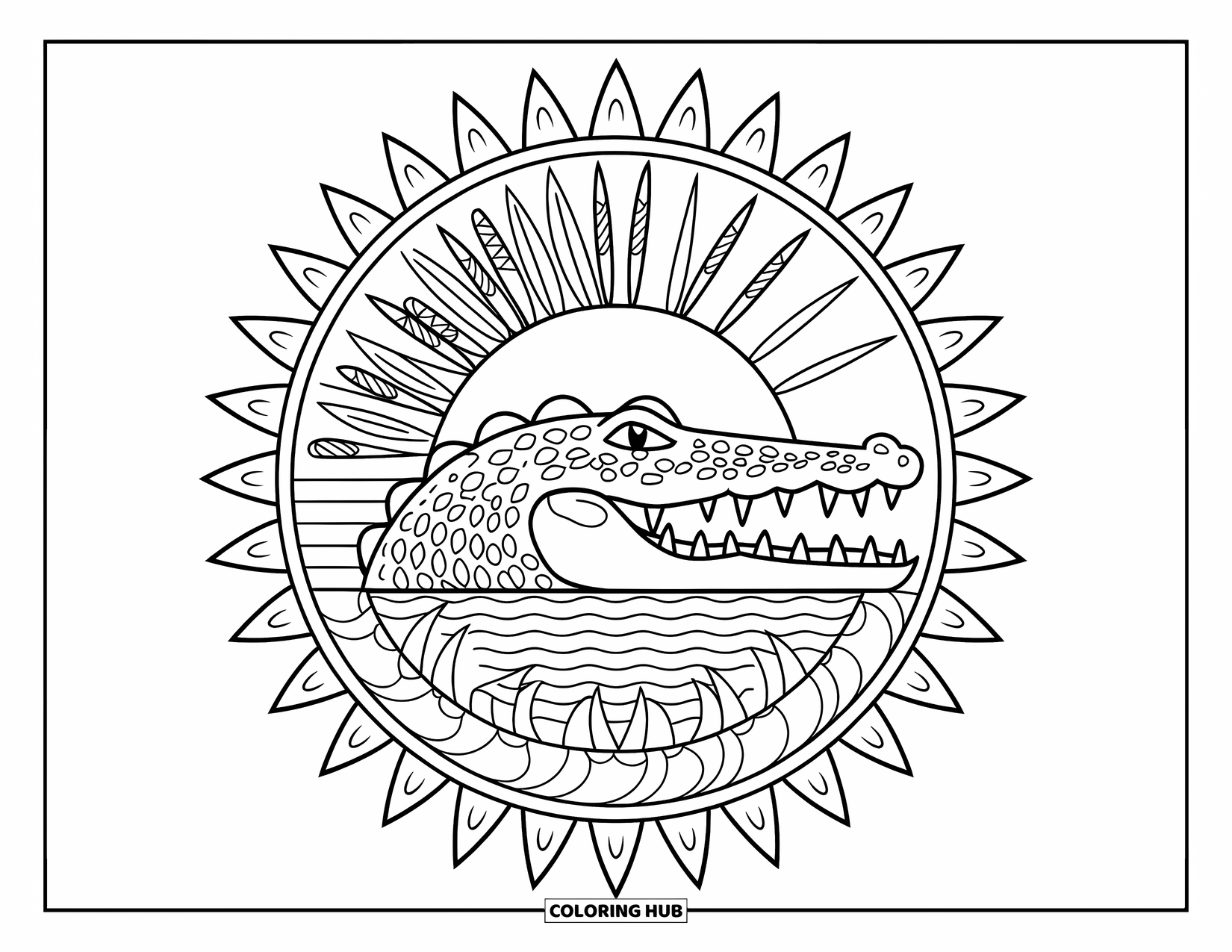 African Animals Coloring Page for Adults: A crocodile face centers a bold mandala filled with reeds, ripples, and jagged shapes