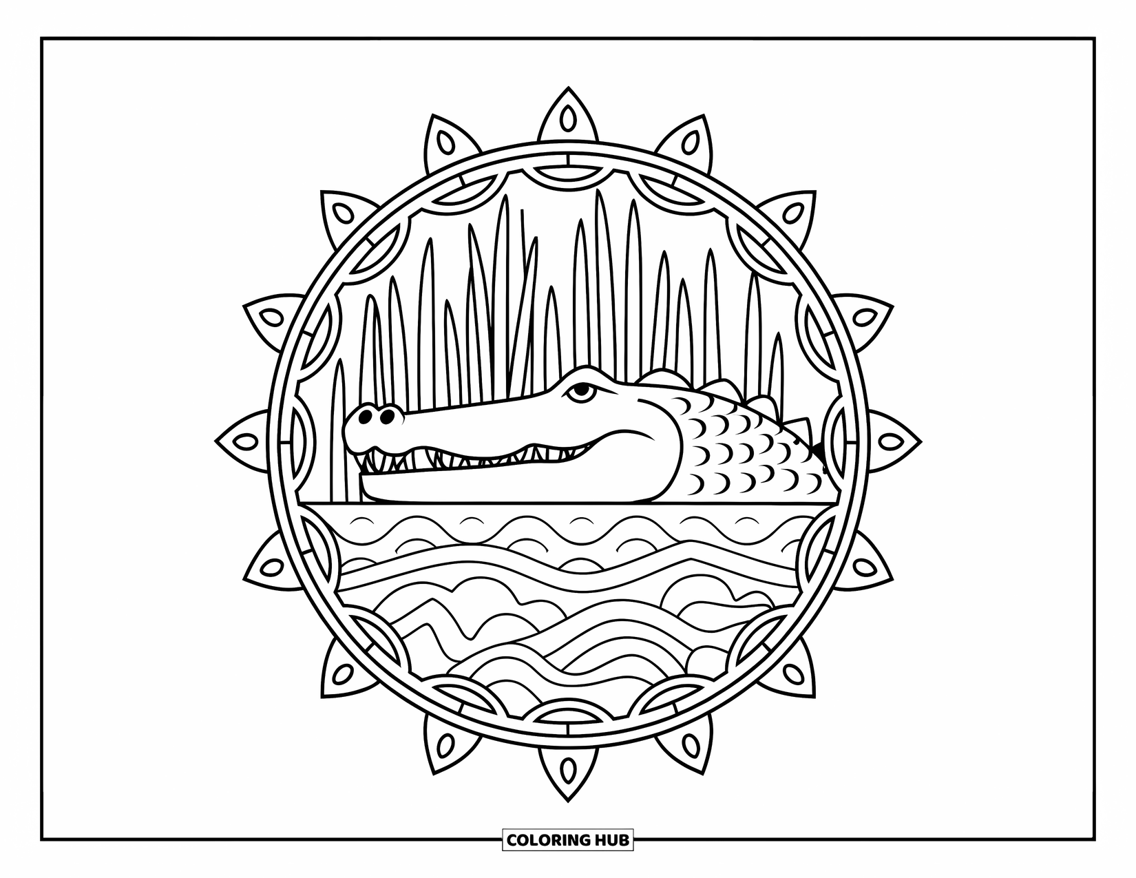 African Animals Coloring Page for Adults: A crocodile head is framed by a spiked mandala of scales and river patterns