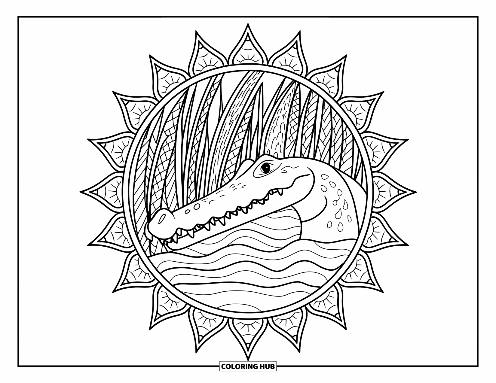 African Animals Coloring Page for Adults: A crocodile head rests inside a spiky mandala of reeds, scales, and ripples
