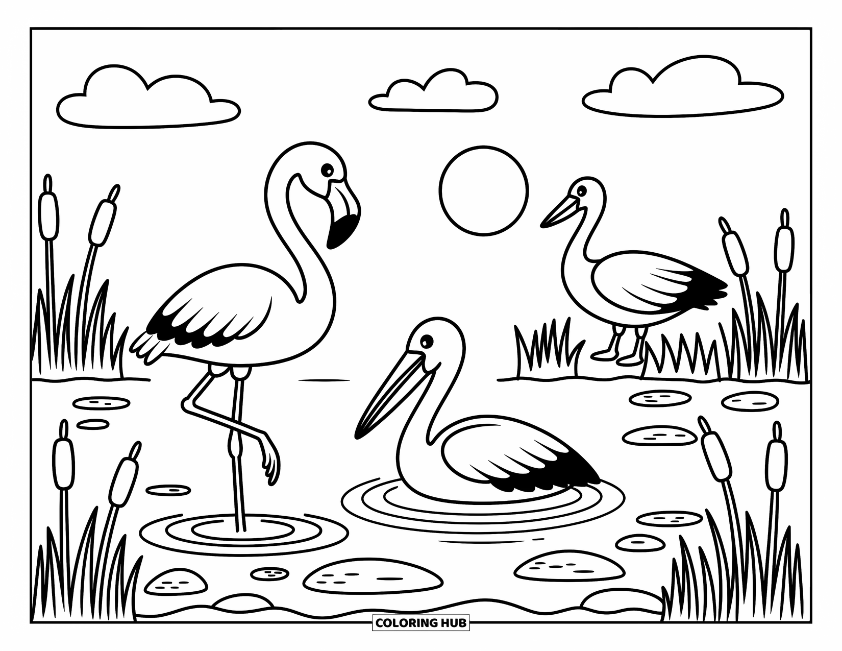 African Animals Coloring Page for Adults: A flamingo, pelican, and goose share a calm moment near cattails and rippling water
