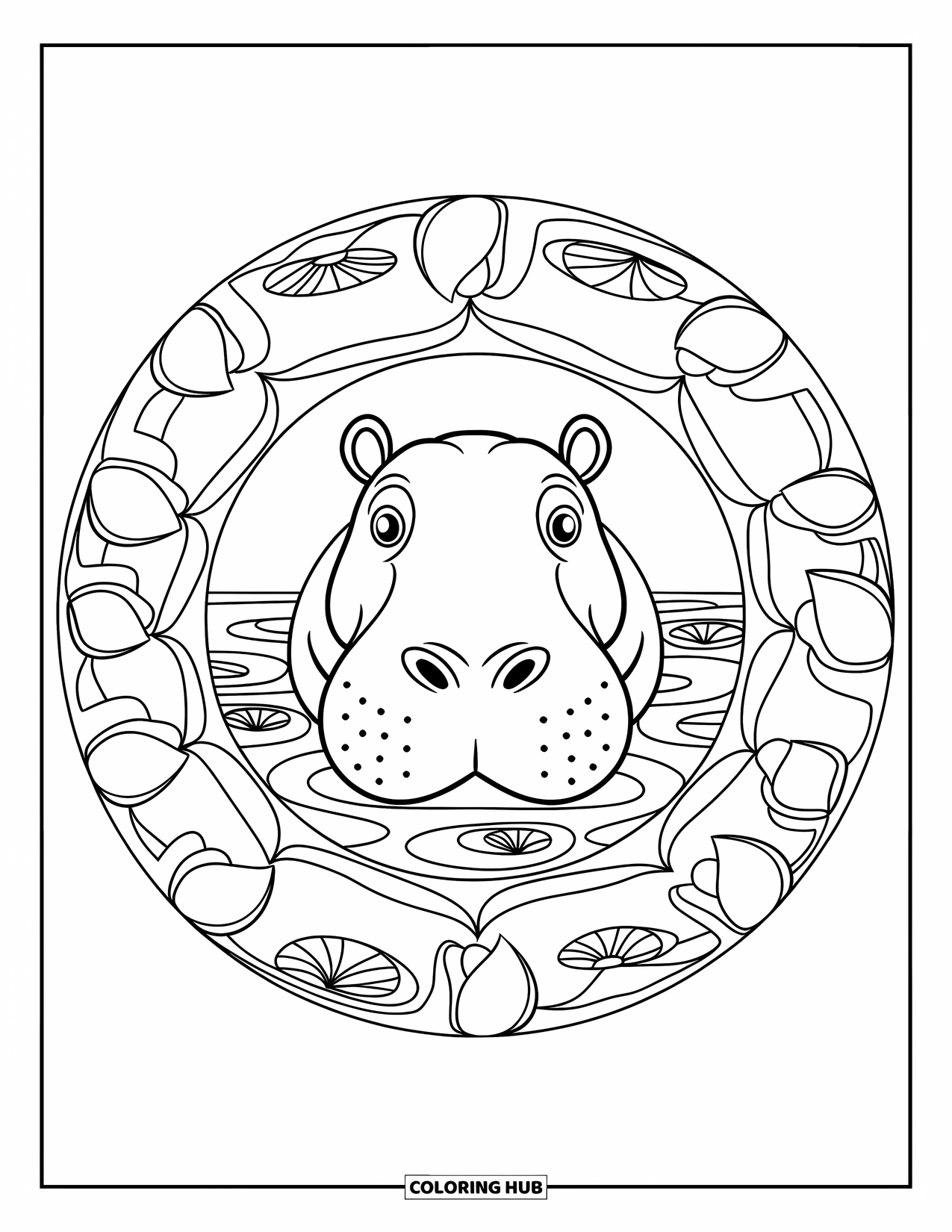 African Animals Coloring Page for Adults: A front-facing hippo sits in a mandala filled with ripples and floral water shapes