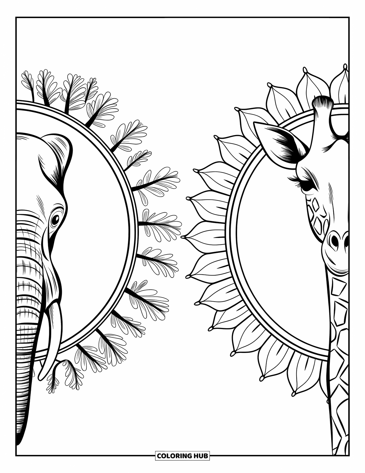 African Animals Coloring Page for Adults: A giraffe and elephant face each other in unique mandalas with natural, leafy details