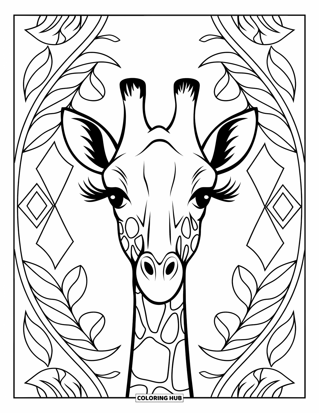African Animals Coloring Page for Adults: A giraffe face is framed in a vertical mandala with leaves and giraffe-spot shapes