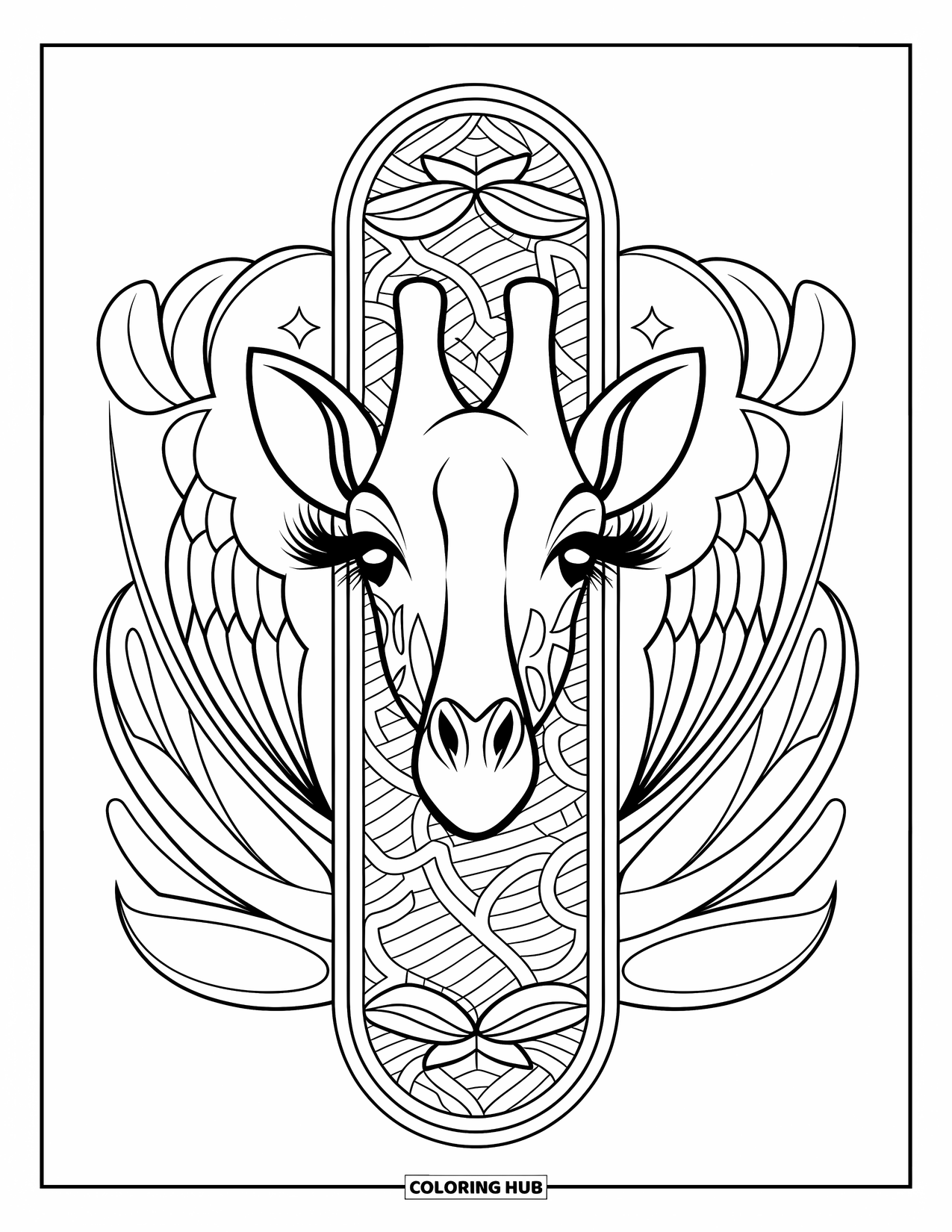African Animals Coloring Page for Adults: A giraffe face with long lashes sits in a leaf-filled vertical mandala design