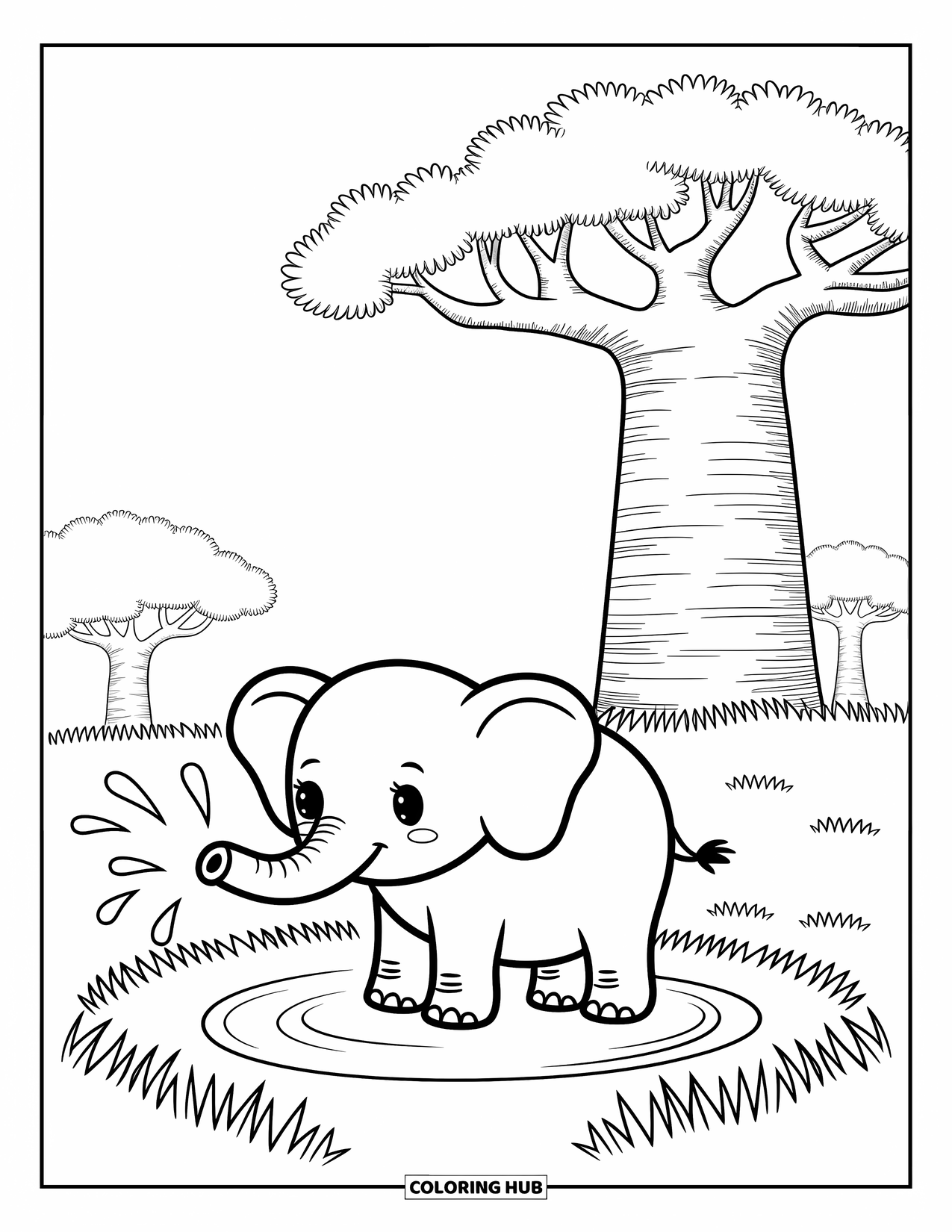 African Animals Coloring Page for Adults: A little elephant curls its trunk near a puddle beneath a giant baobab tree