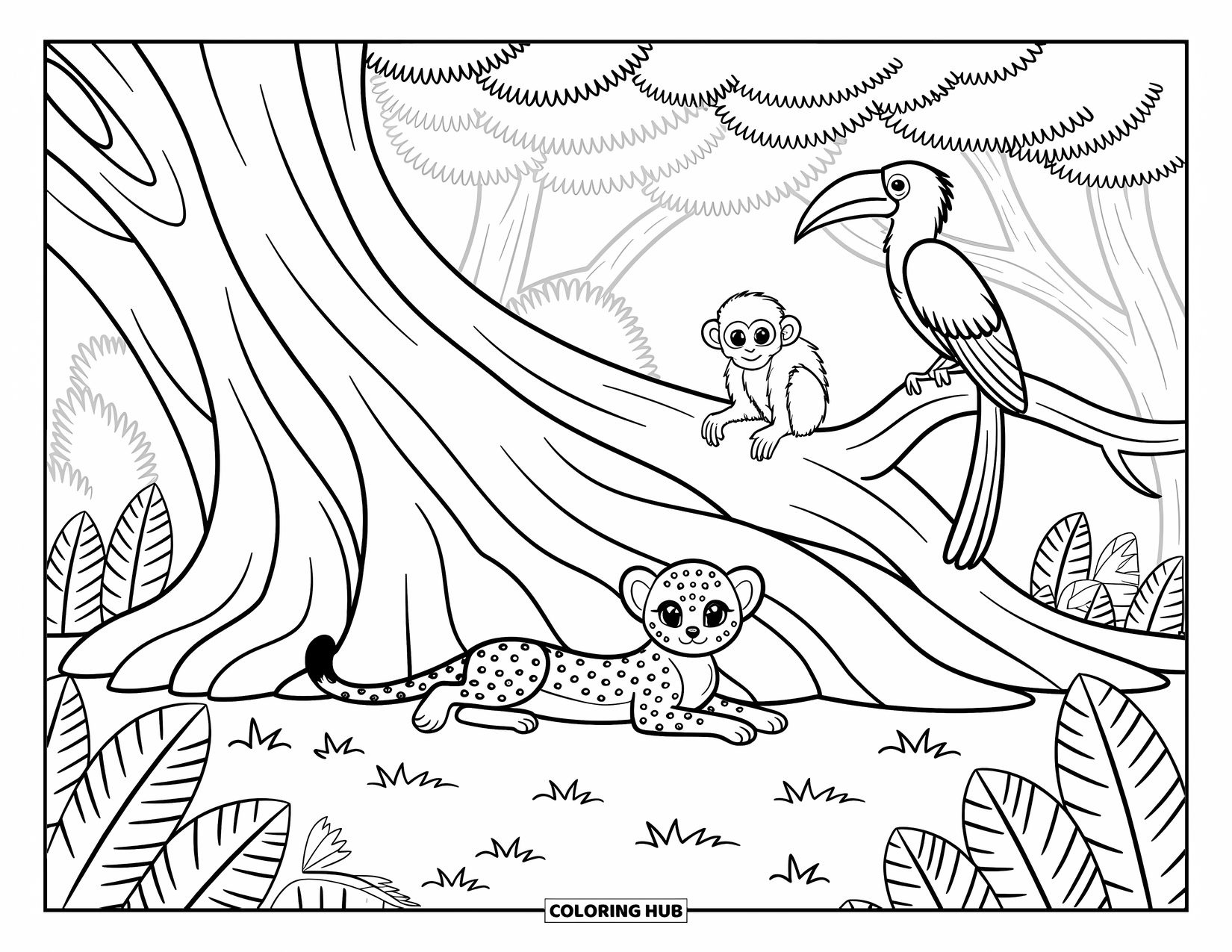 African Animals Coloring Page for Adults: A lounging cheetah, playful monkey, and quiet hornbill gather under a wide jungle tree