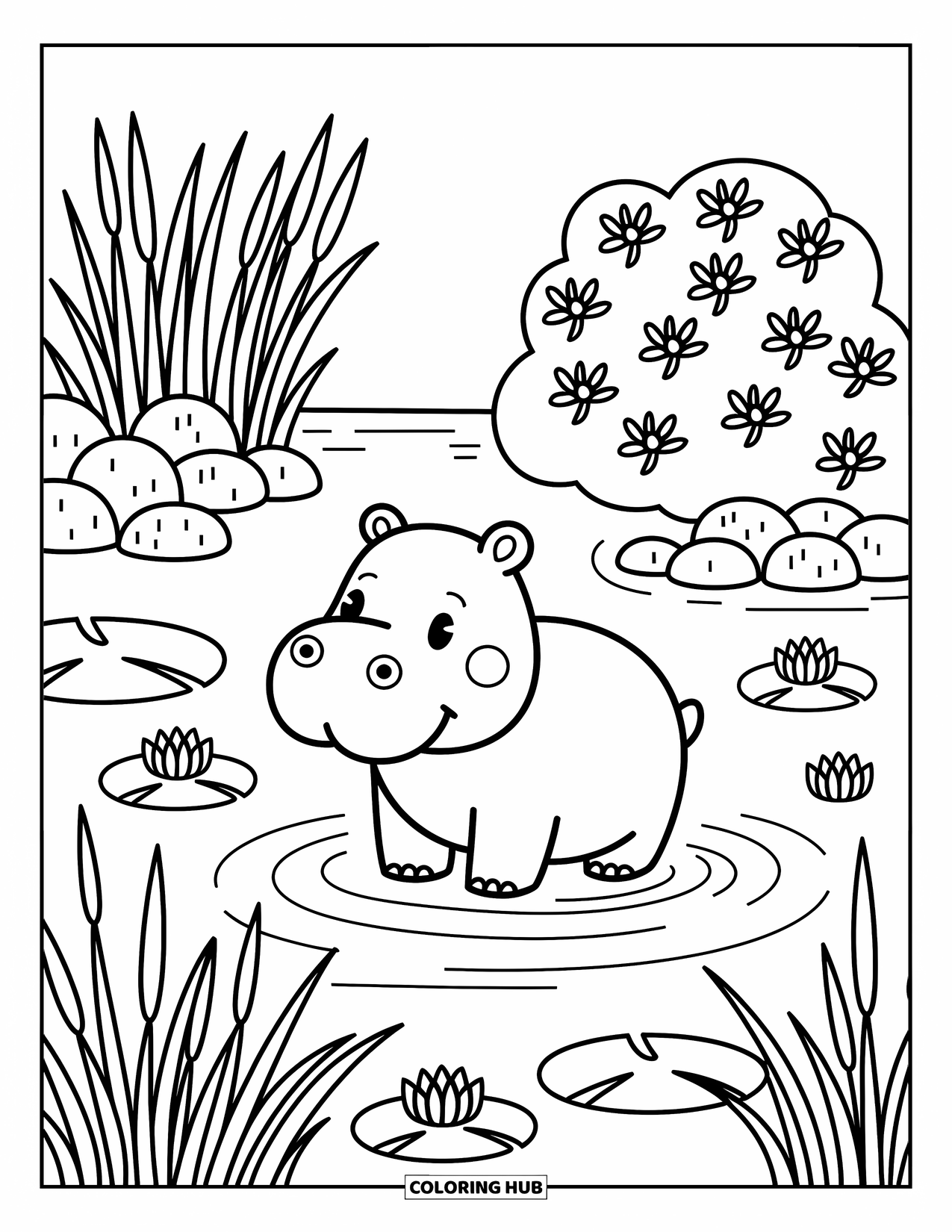 African Animals Coloring Page for Adults: A round hippo rests in a peaceful river surrounded by reeds and floating lily pads