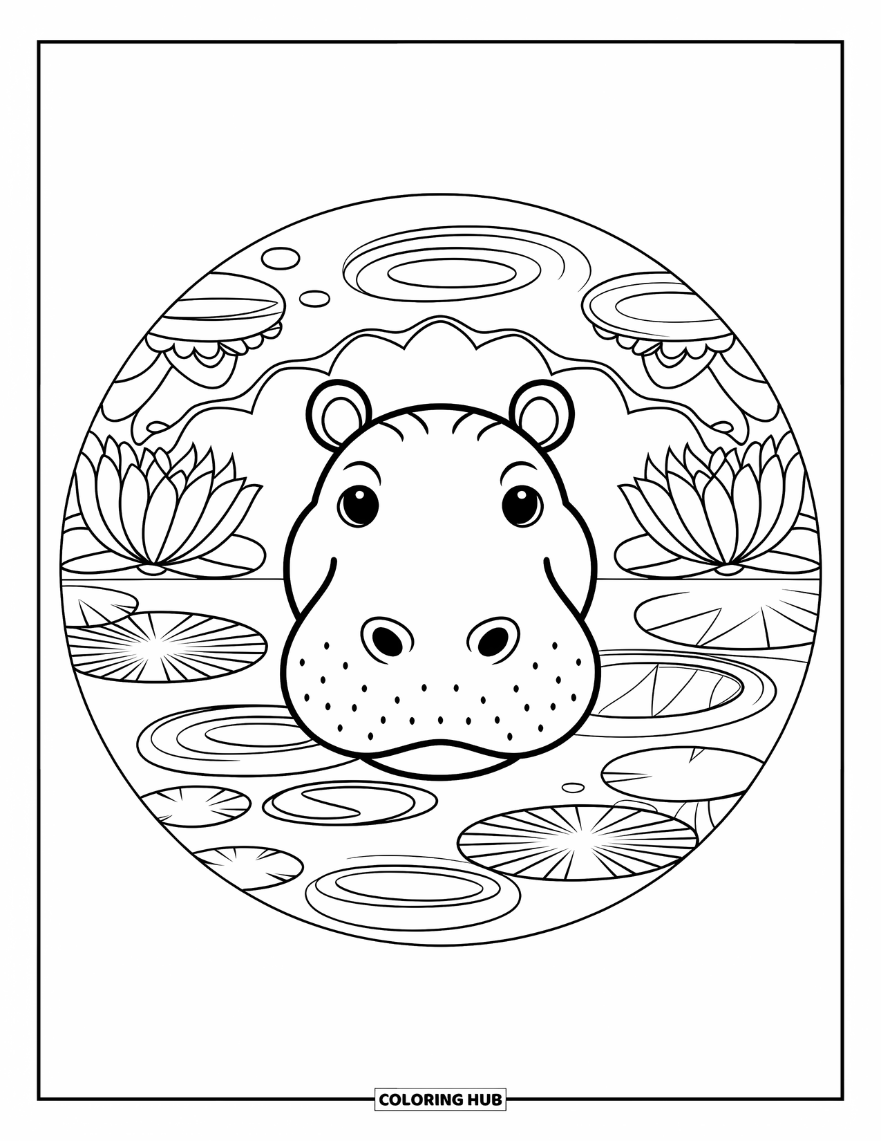 African Animals Coloring Page for Adults: A rounded hippo face appears in a floral mandala with ripple rings and lily pads