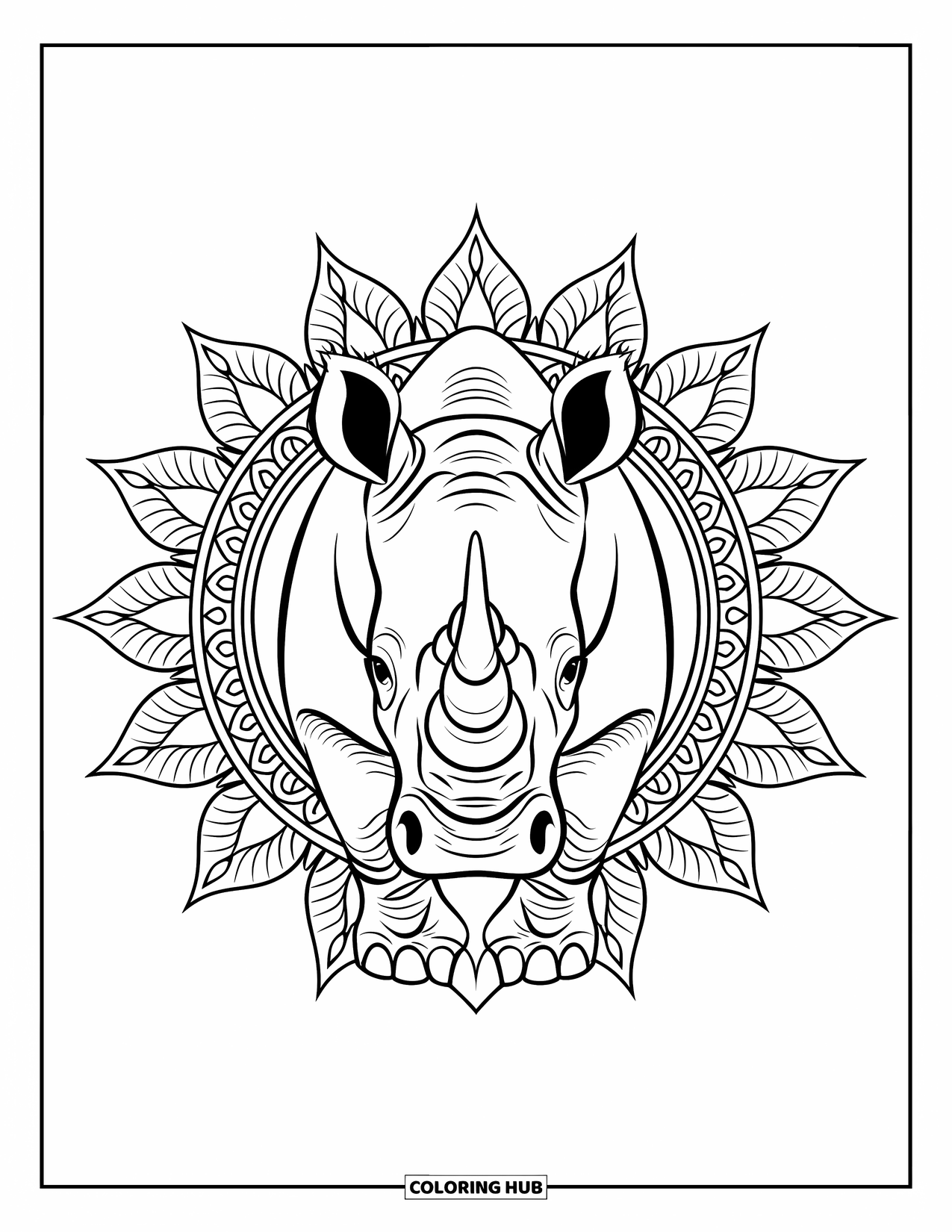 African Animals Coloring Page for Adults: A strong rhino face rests in a symmetrical mandala of tribal lines and leafy curves