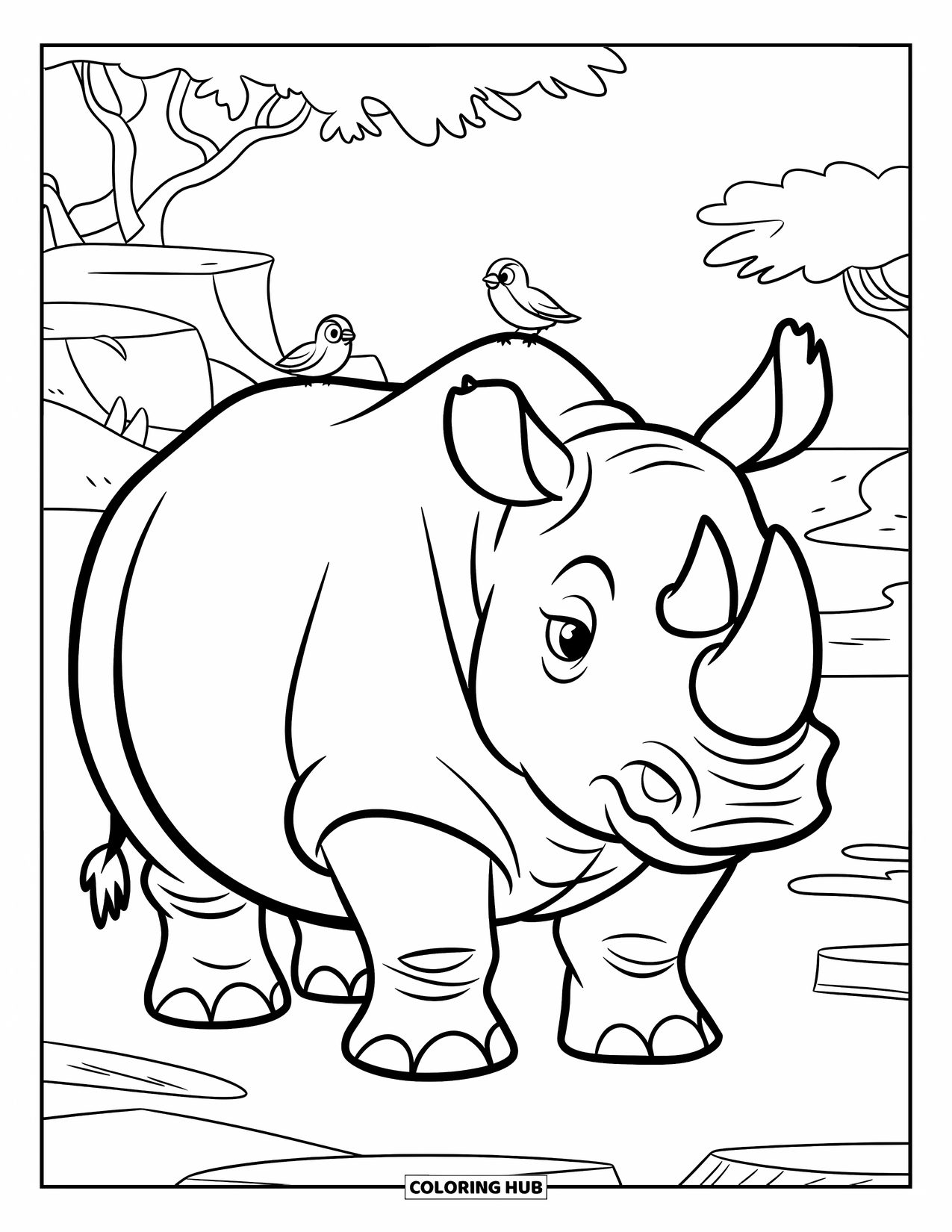 African Animals Coloring Page for Kids: A calm rhino stands with two little birds perched on its back and head