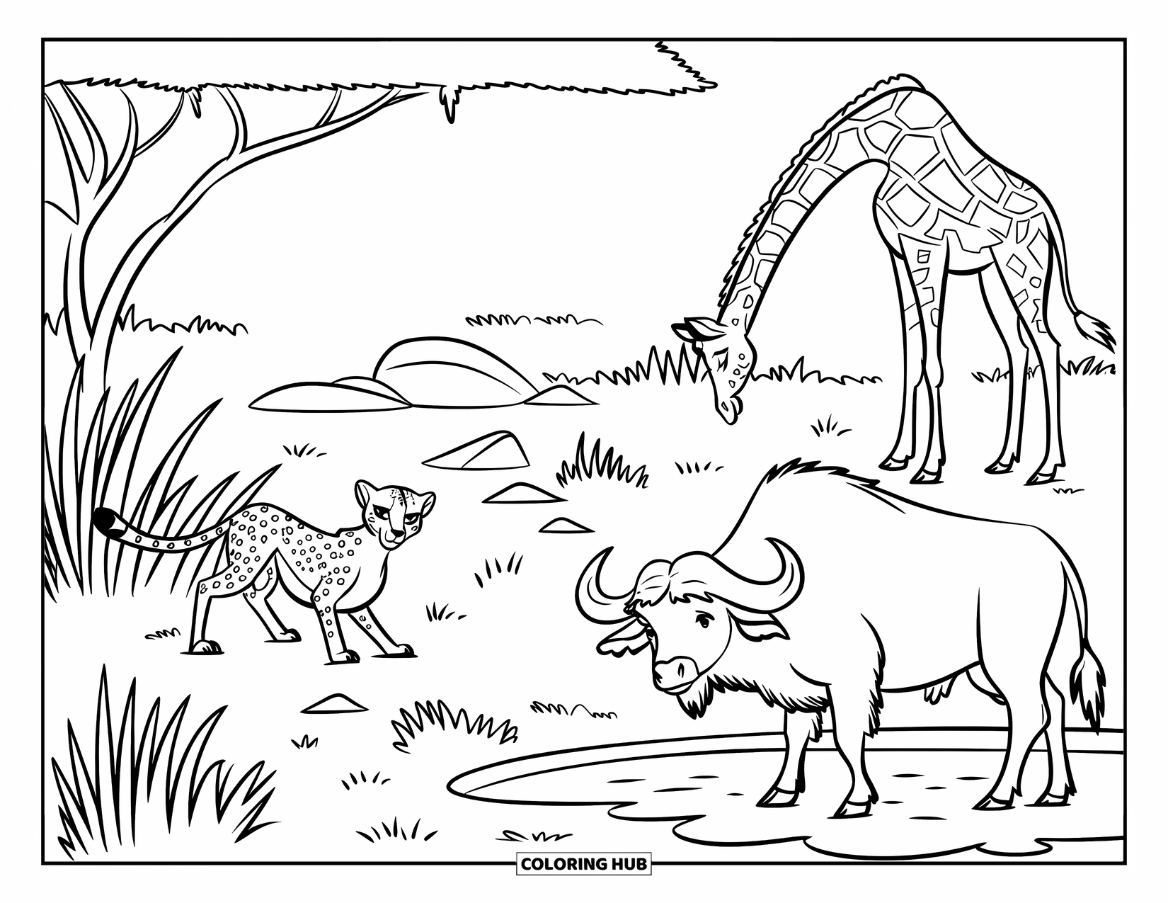 African Animals Coloring Page for Kids: A cheetah crouches in grass as a giraffe and buffalo explore the savannah