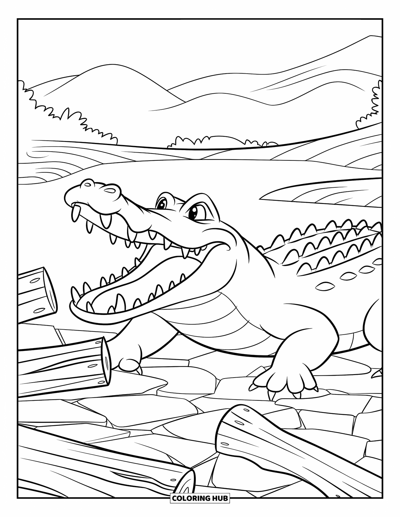 African Animals Coloring Page for Kids: A crocodile grins widely with jaws open near cracked banks and fallen logs