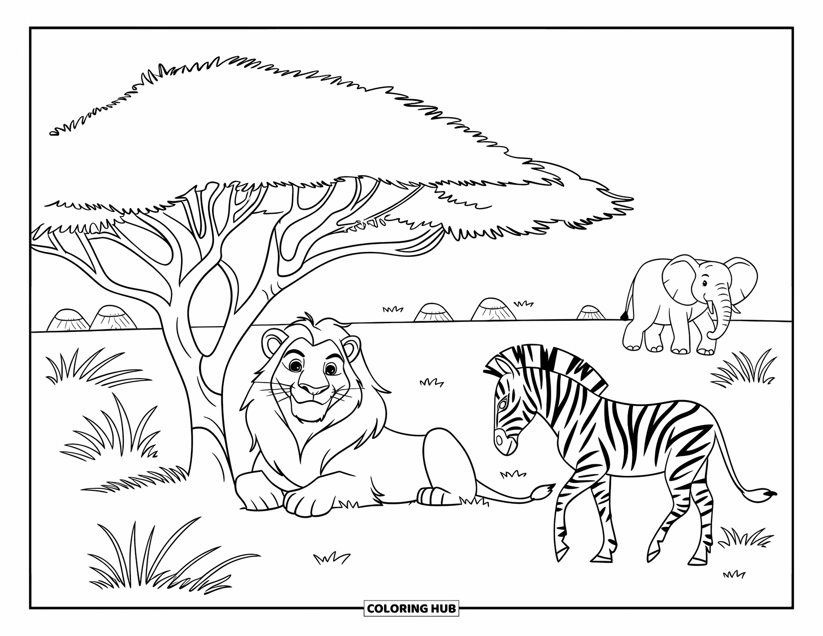 African Animals Coloring Page for Kids: A relaxed lion, nearby zebra, and elephant stroll through a grassy savannah