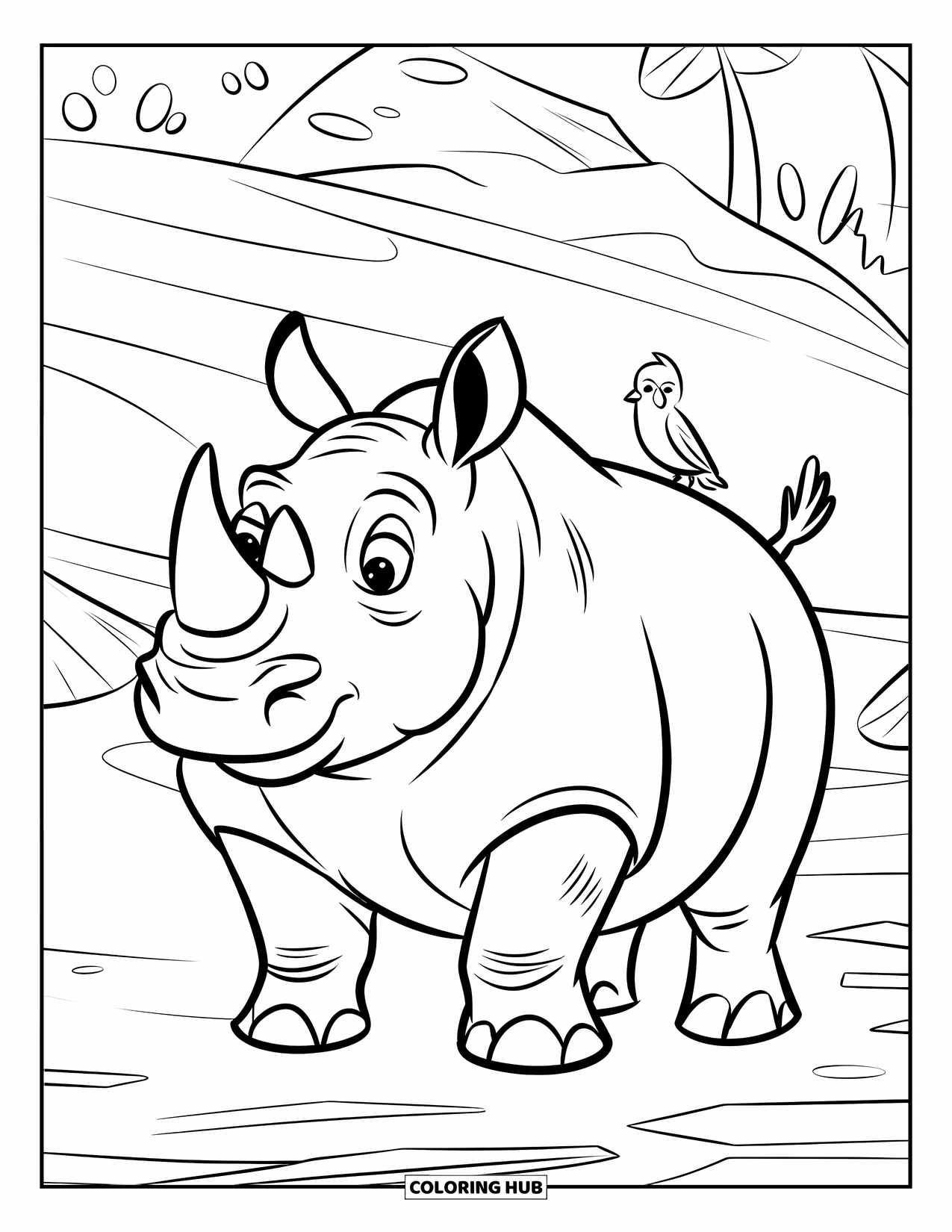 African Animals Coloring Page for Kids: A relaxed rhino stands quietly while birds rest on its back
