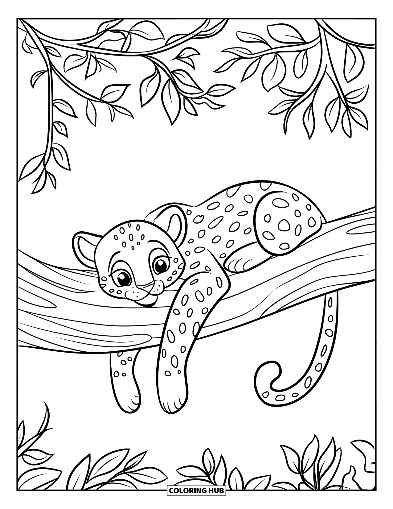 African Animals Coloring Page for Kids: A sleepy leopard drapes over a tree branch under a leafy canopy