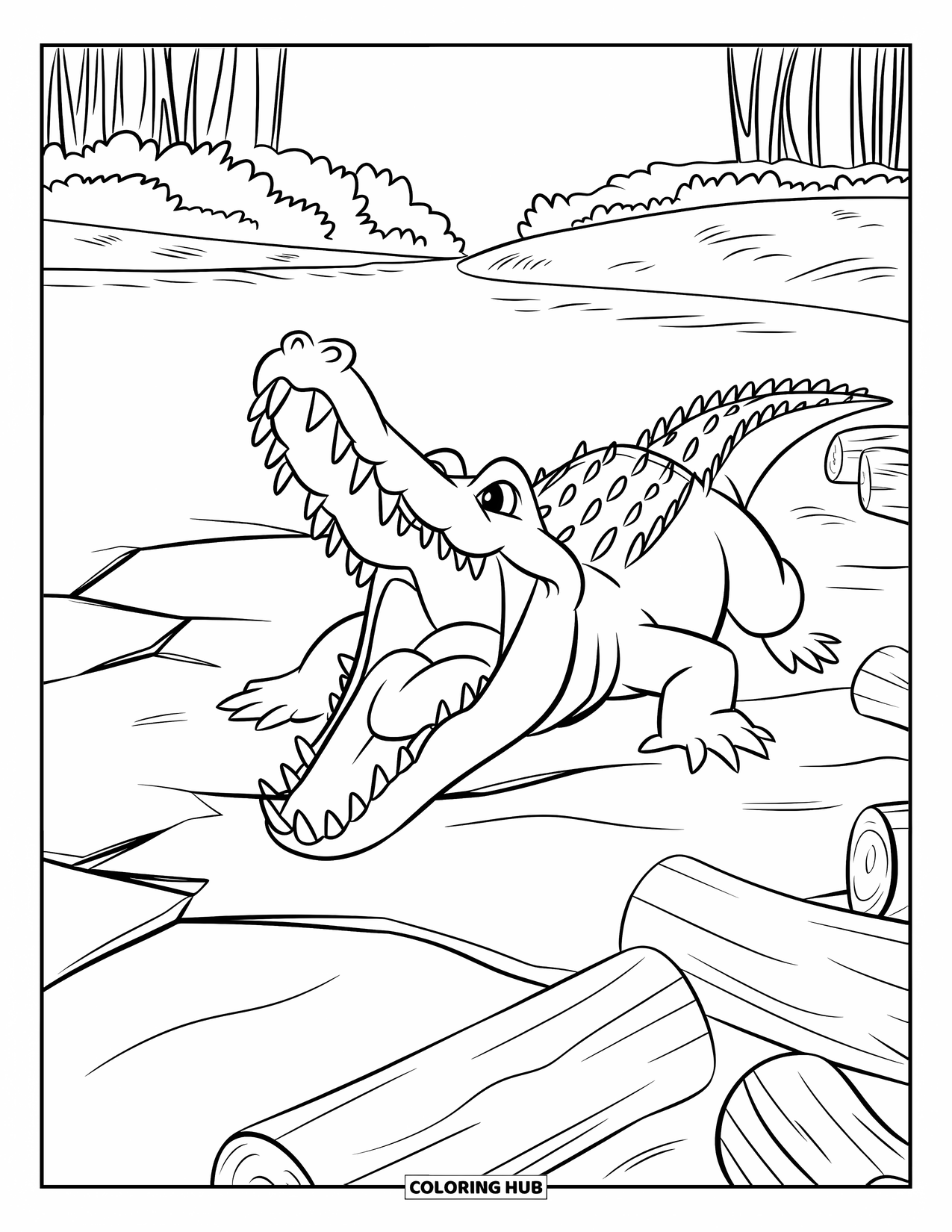 African Animals Coloring Page for Kids: A smiling crocodile rests near a cracked riverbank with scattered logs