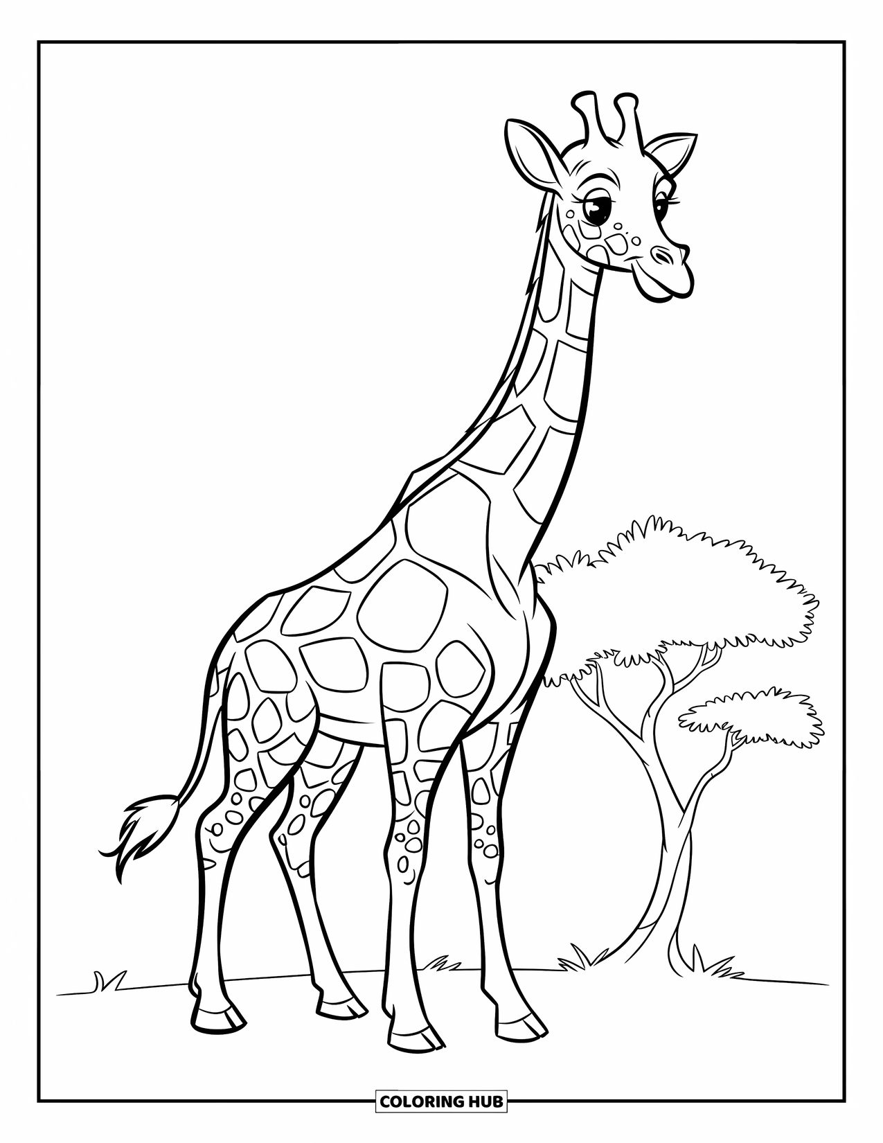 African Animals Coloring Page for Kids: A smiling giraffe stands tall beside a small, leafy tree