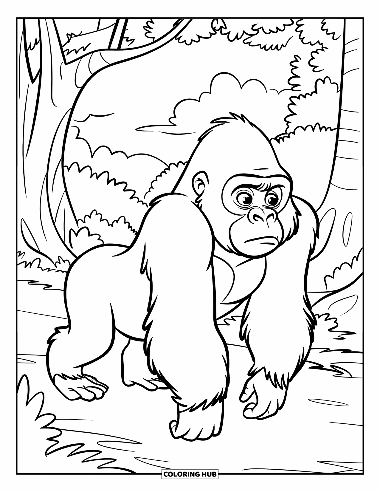 African Animals Coloring Page for Kids: A strong gorilla walks through a wooded path with trees lining both sides