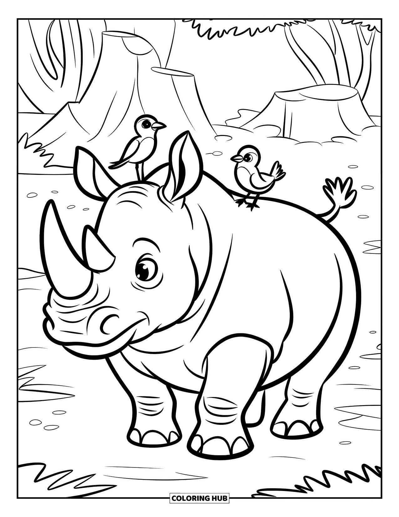 African Animals Coloring Page for Kids: A sturdy rhino shares a moment with two little bird companions on its back