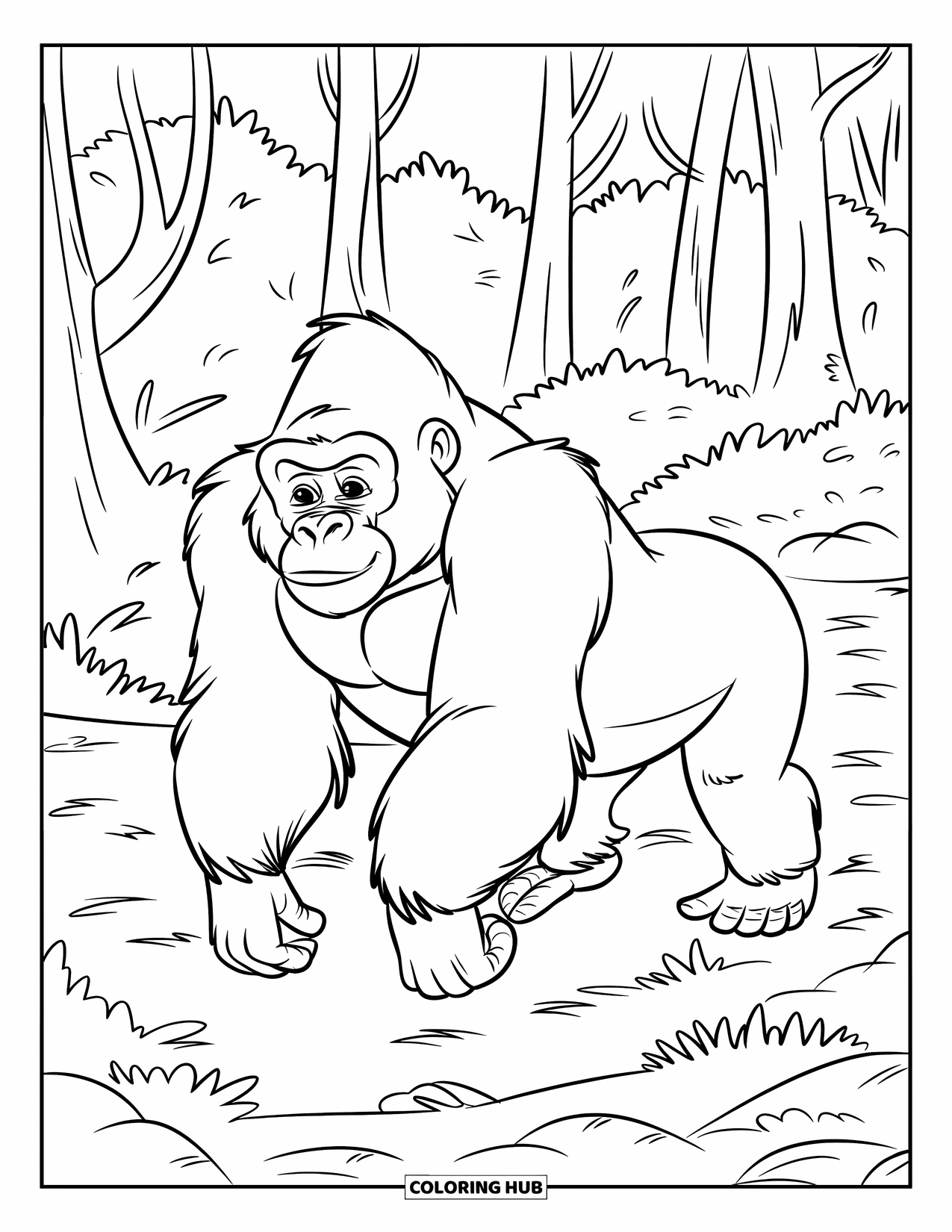 African Animals Coloring Page for Kids: A thoughtful gorilla walks slowly under tall trees in the forest