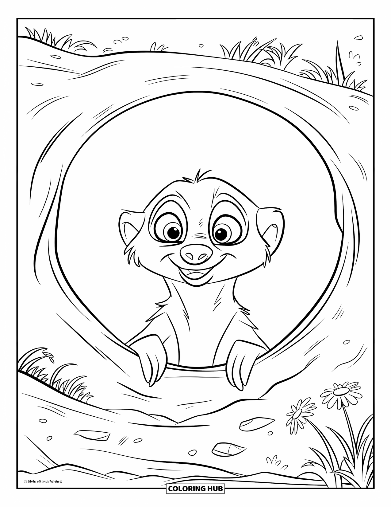 African Animals Coloring Page for Kids: A tiny meerkat stands upright at the edge of its burrow, eyes full of wonder
