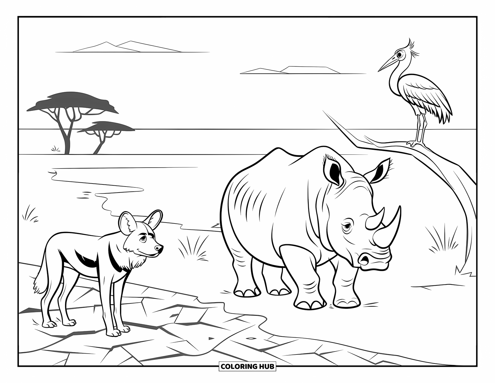African Animals Coloring Page for Kids: A wild dog, rhino, and stork pause in the dry savanna under a wide sky