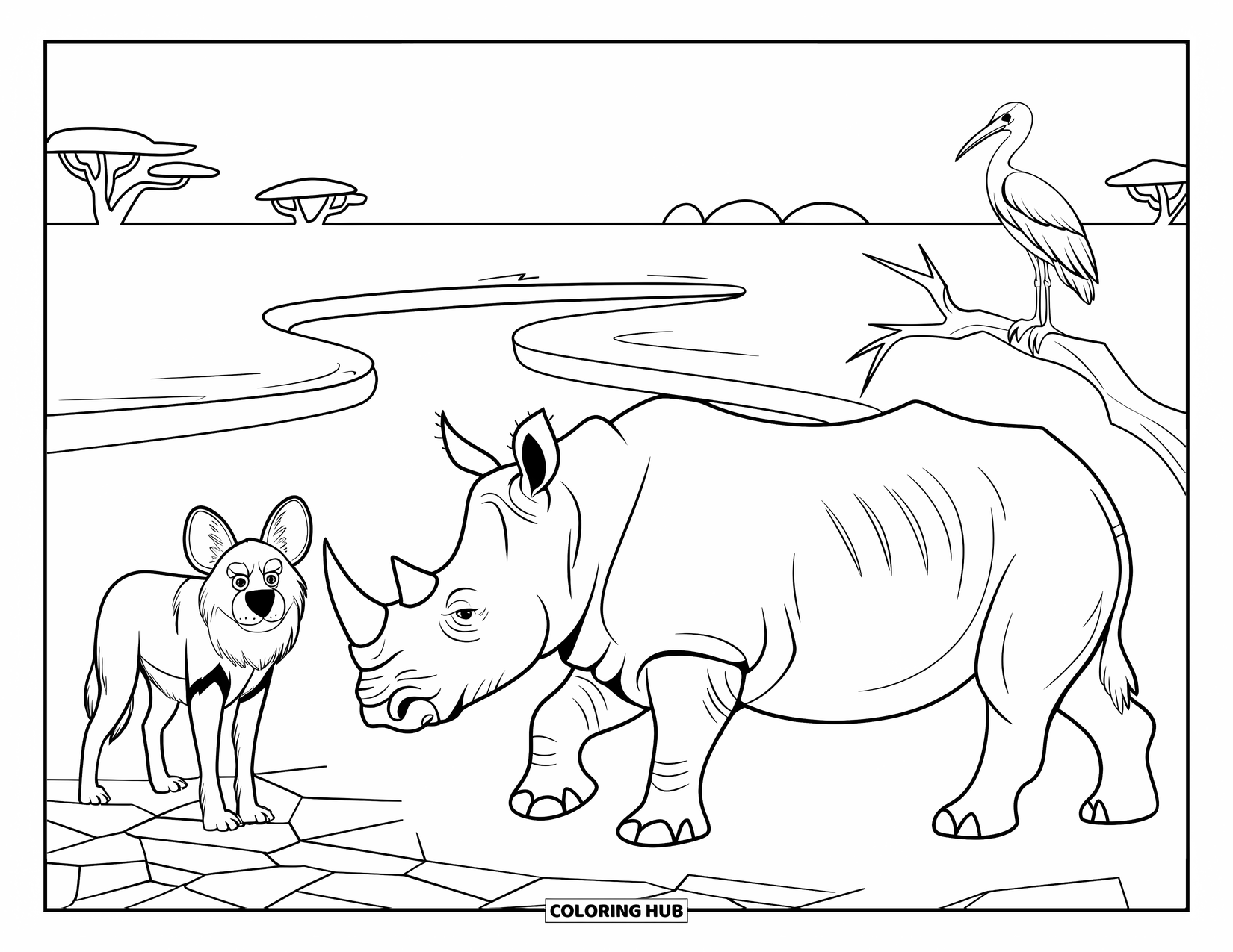 African Animals Coloring Page for Kids: A wild dog watches the savanna while a rhino and stork move calmly nearby