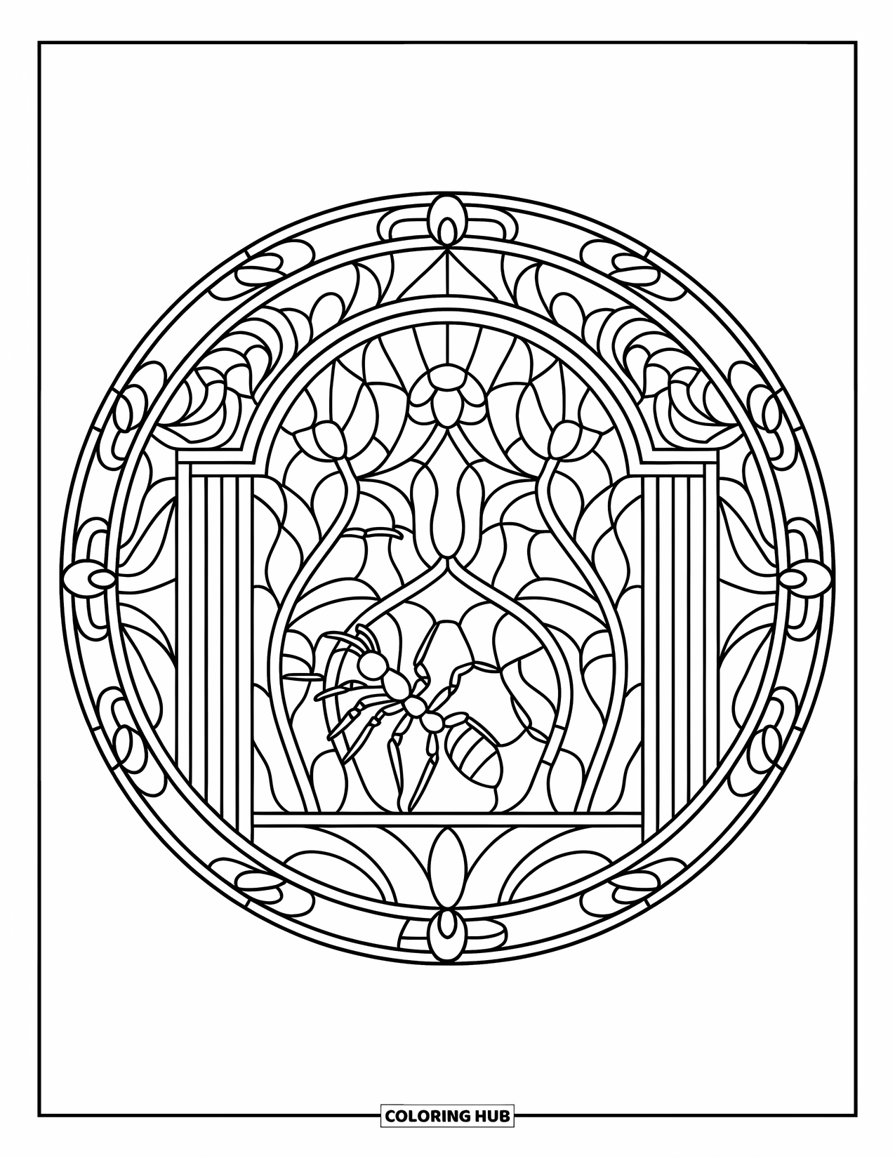 Ant Coloring Page for Adults: A floral stained-glass circle featuring a graceful ant