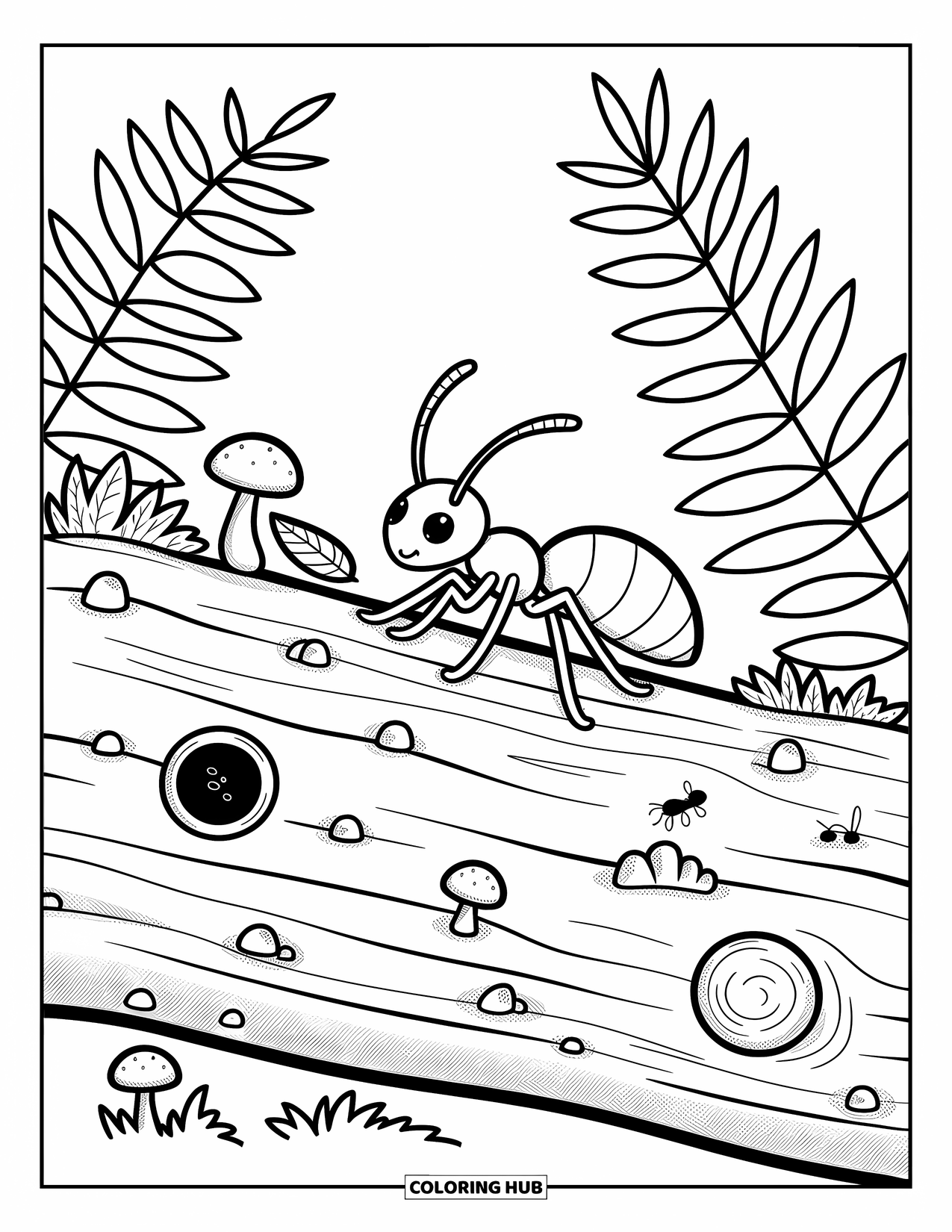Ant Coloring Page for Adults: An adventurous ant studies a mossy log filled with life