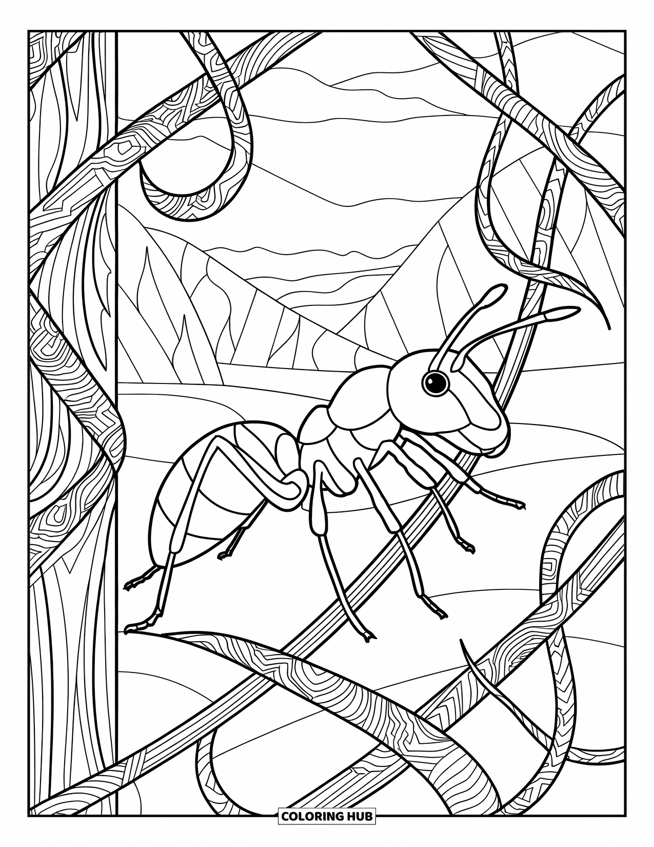 Ant Coloring Page for Adults: An ant carries a leaf through twisting vines and trees