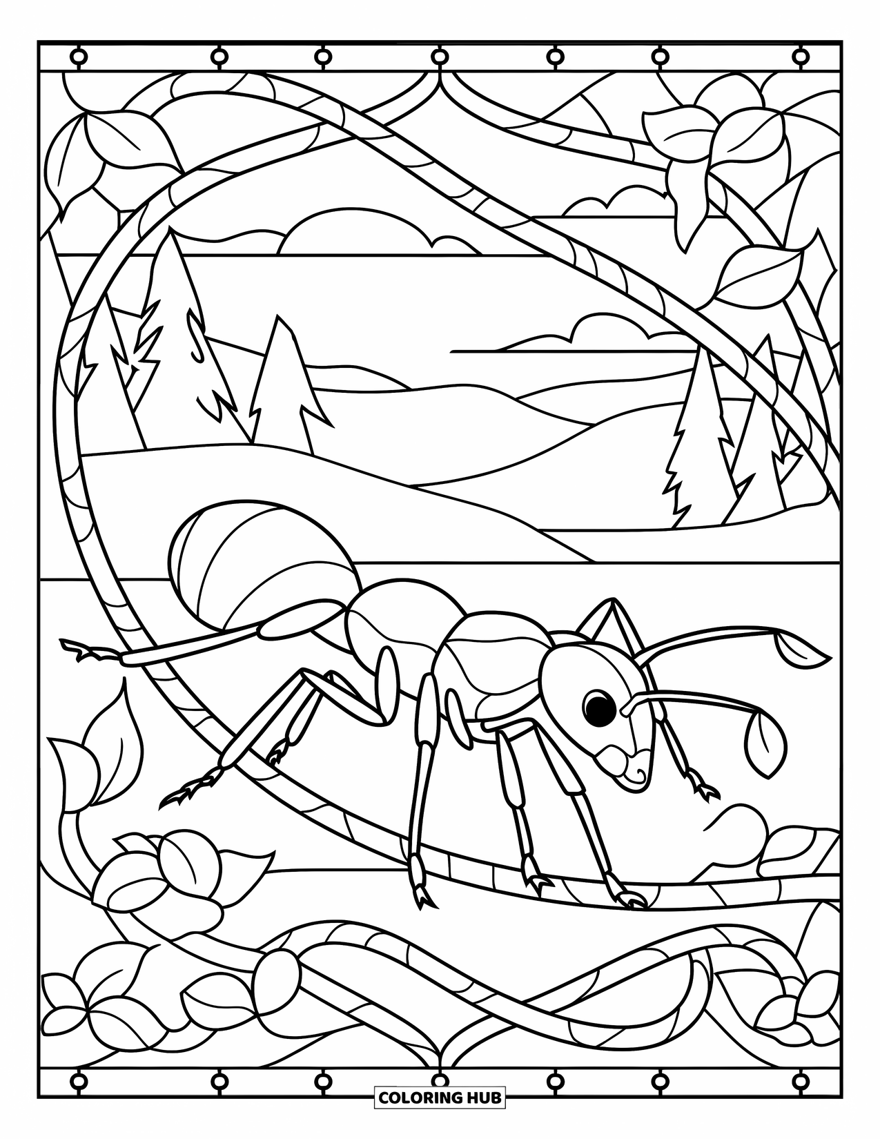 Ant Coloring Page for Adults: An ant crawls through vines in a calm mountain scene