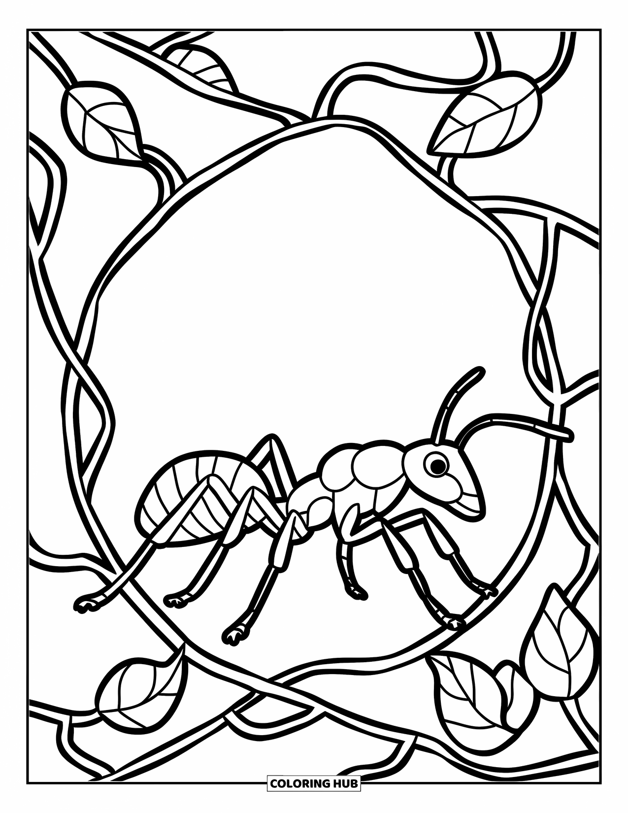 Ant Coloring Page for Adults: An ant crawls through vines in a stained-glass style