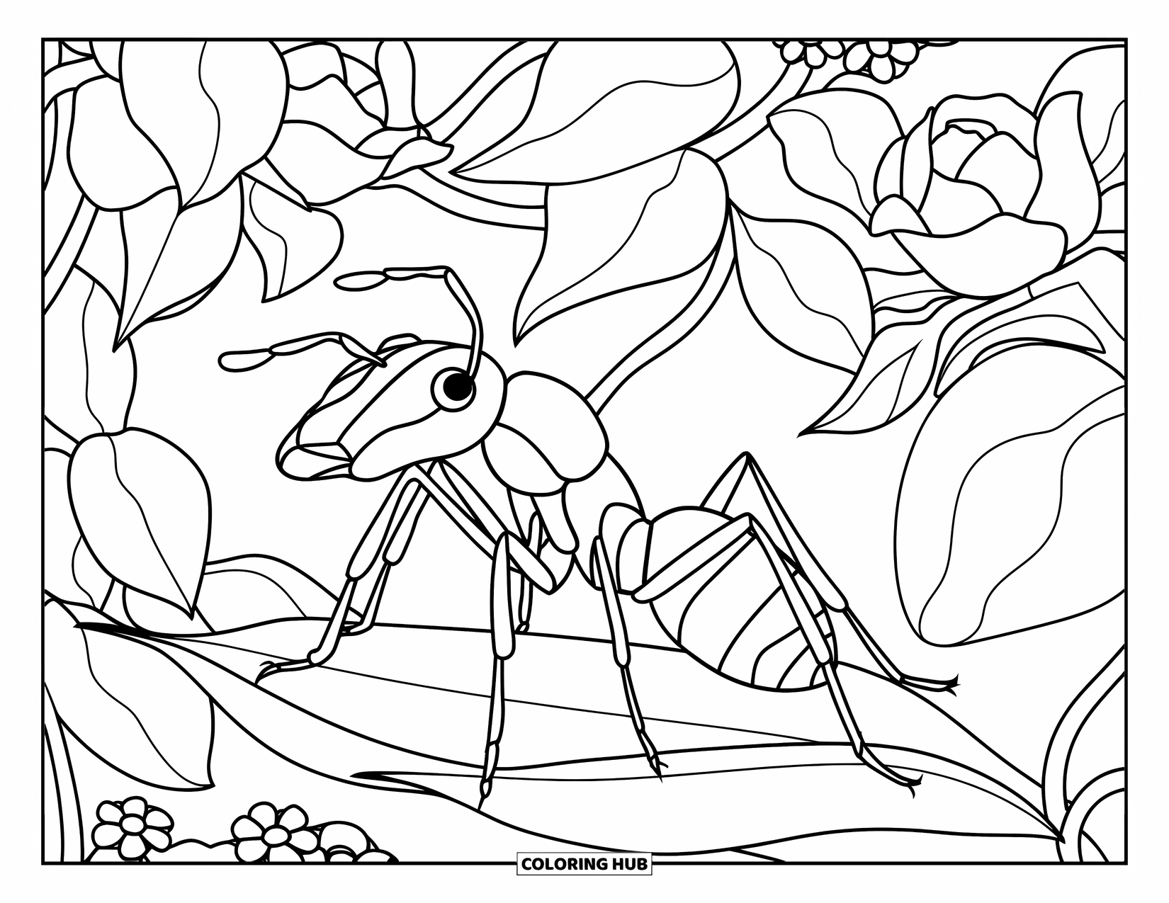 Ant Coloring Page for Adults: An ant relaxes on a leaf among flowers and soft foliage