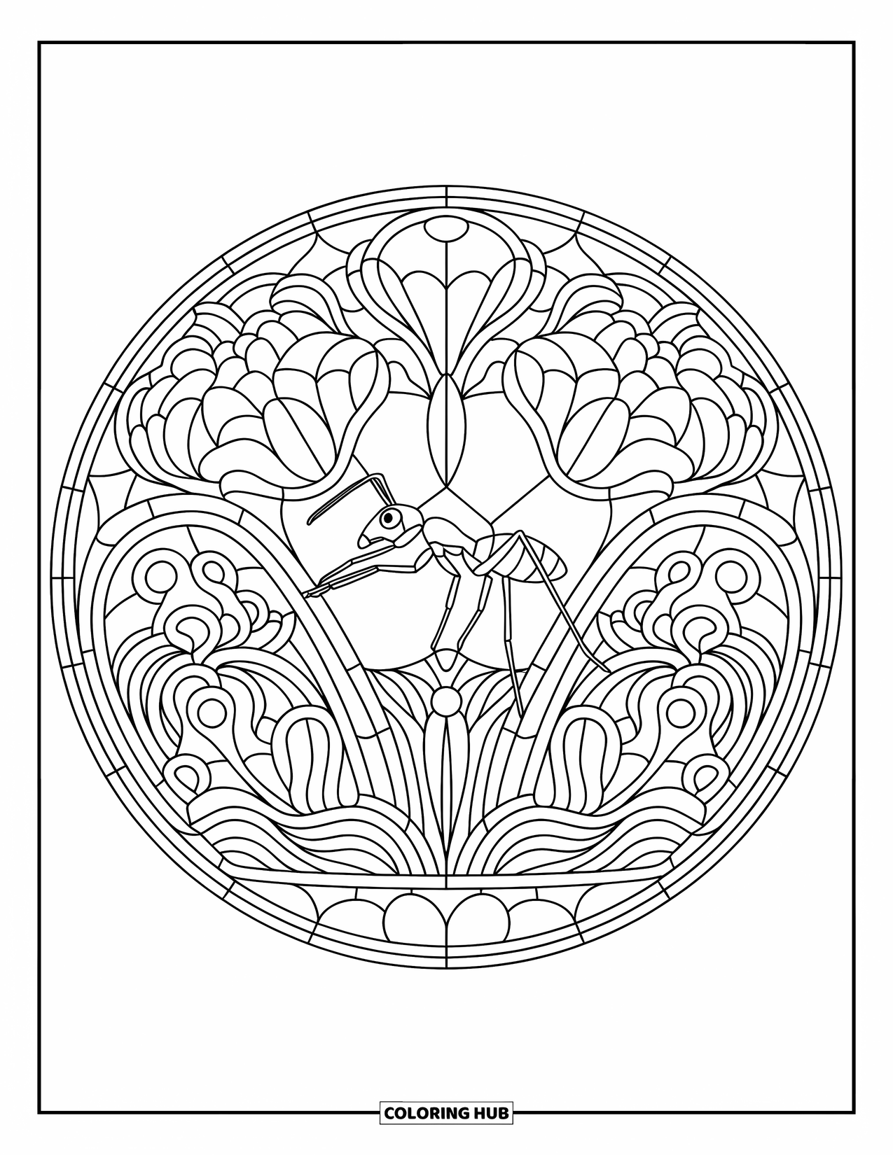 Ant Coloring Page for Adults: An intricate circular pattern of an ant and floral arcs