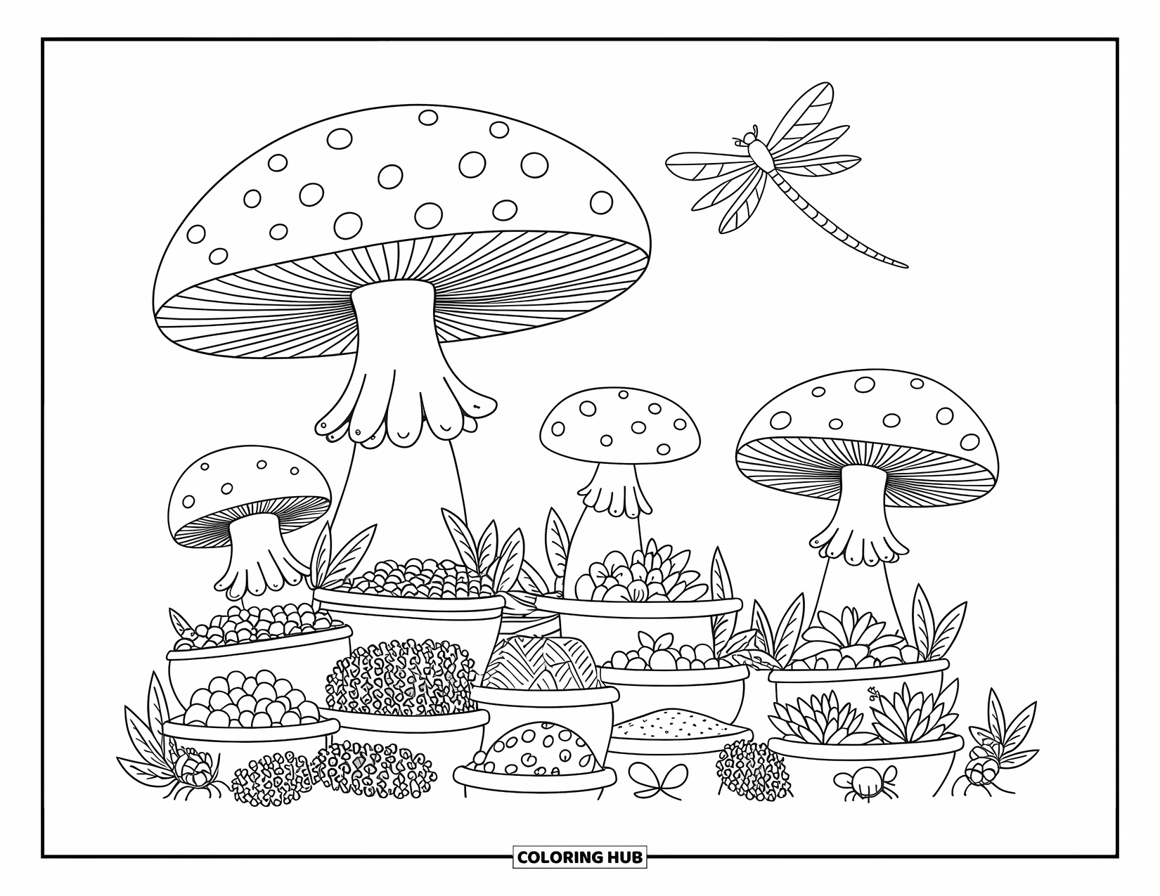 Ant Coloring Page for Adults: Ants browse leaf stalls under giant mushrooms in the forest
