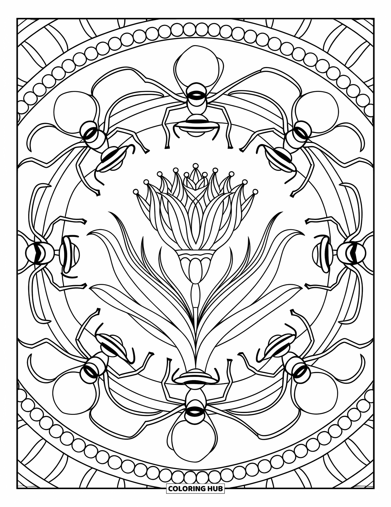 Ant Coloring Page for Adults: Ants carry a flower in a circular, patterned design
