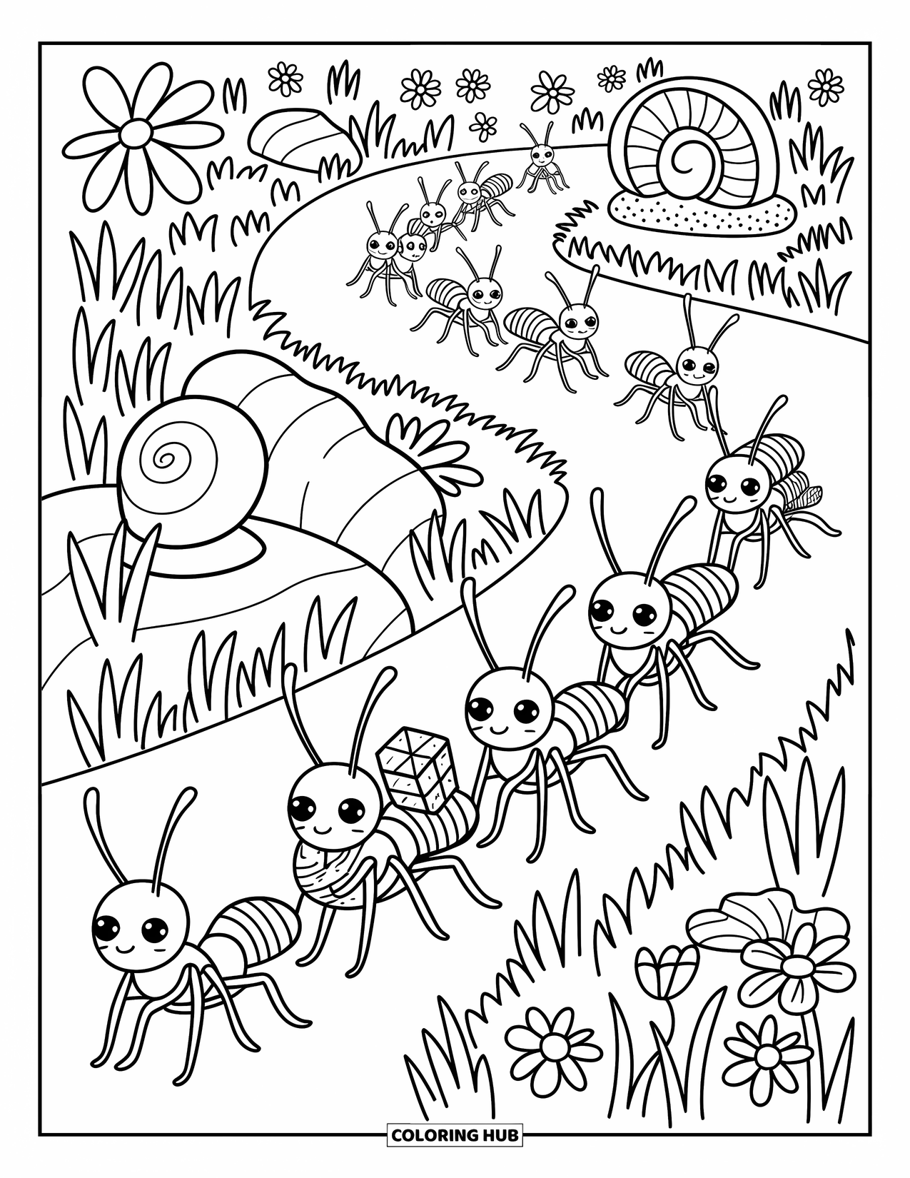 Ant Coloring Page for Adults: Ants carry treasures through a peaceful flower field