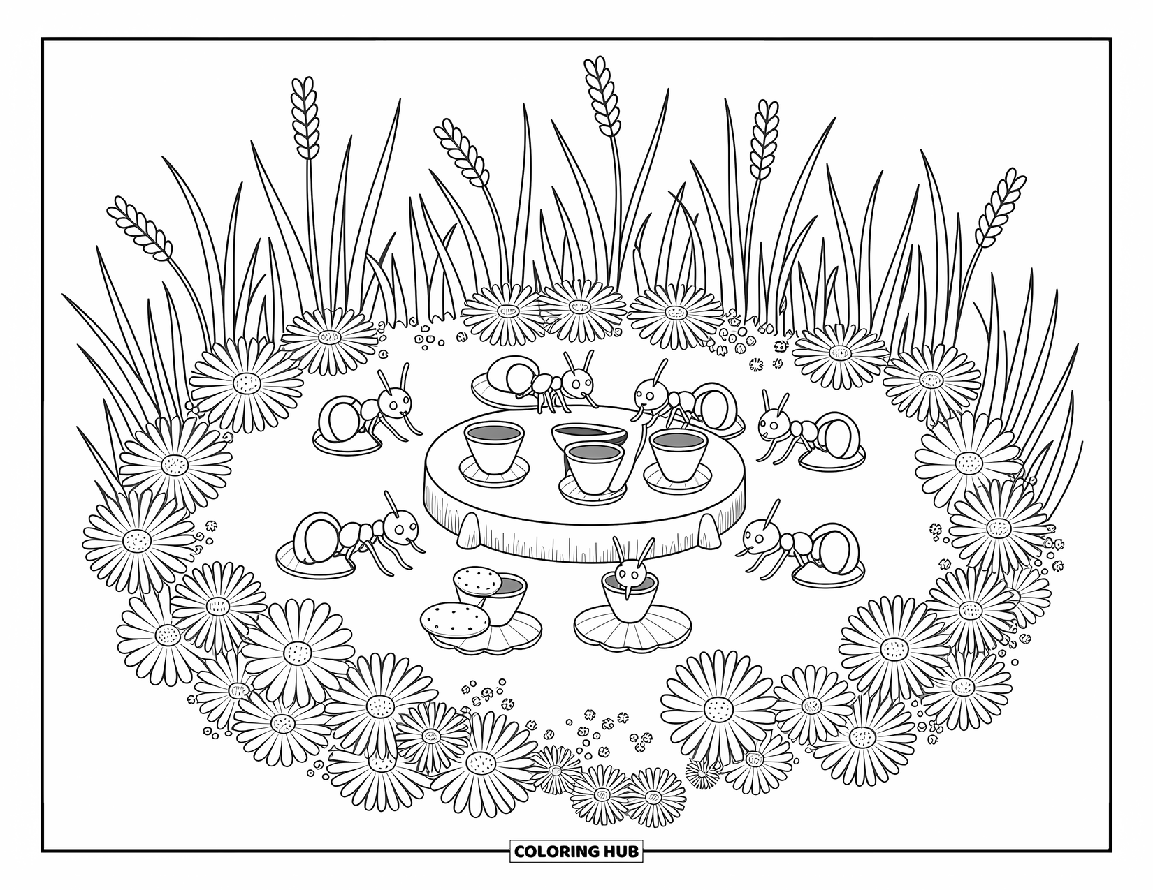 Ant Coloring Page for Adults: Ants enjoy a cozy tea party surrounded by blooming wildflowers