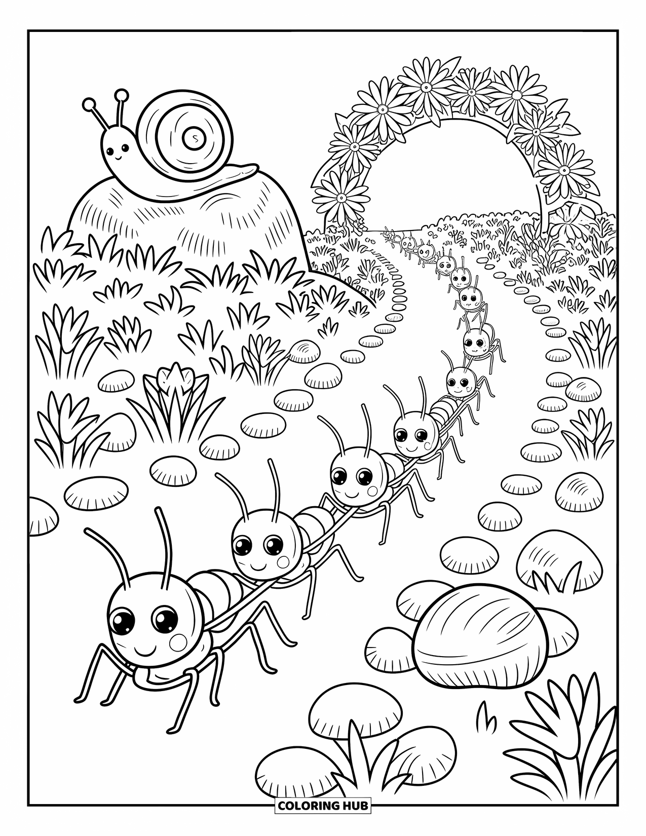 Ant Coloring Page for Adults: Ants march with tiny treasures past flowers and a snail